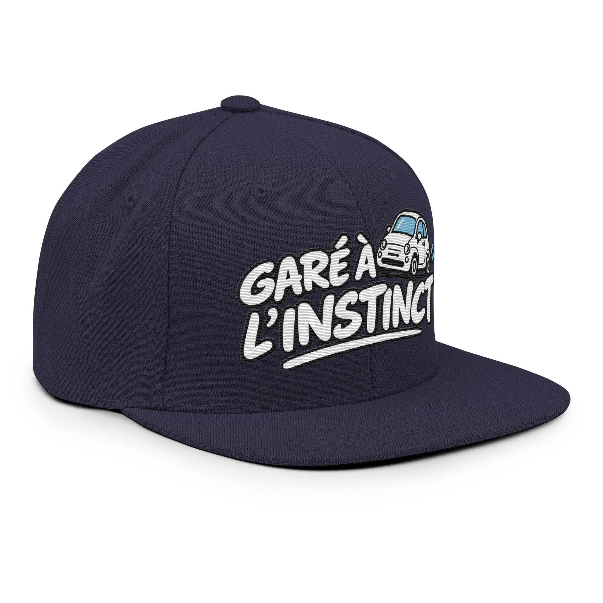 Casquette Snapback, brodée « Garé à l'instant », en Bleu Marine Foncé, vue de trois quarts, image 62