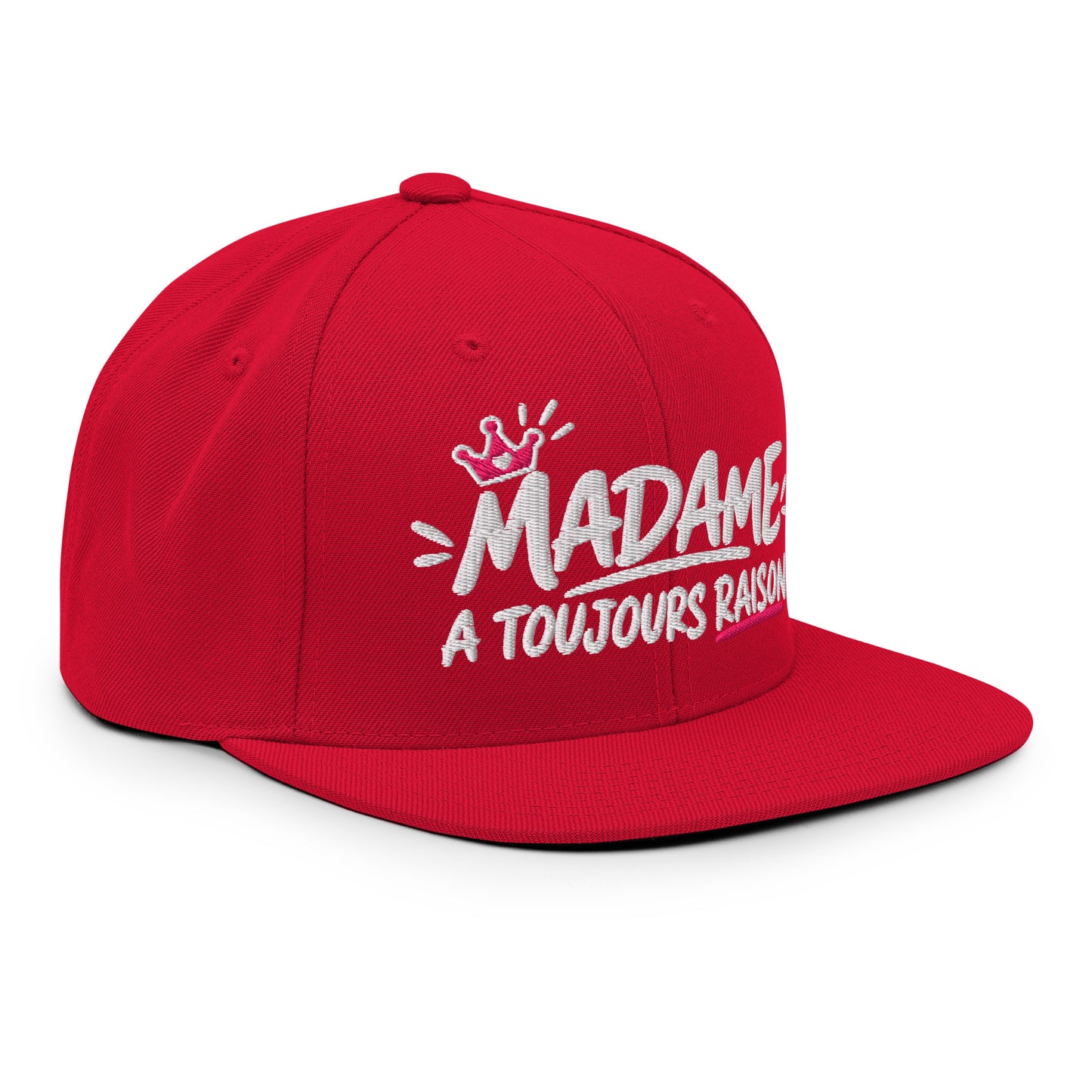 Casquette Snapback, brodée « Madame à toujours raison », en Rouge, vue de trois quarts, image 71