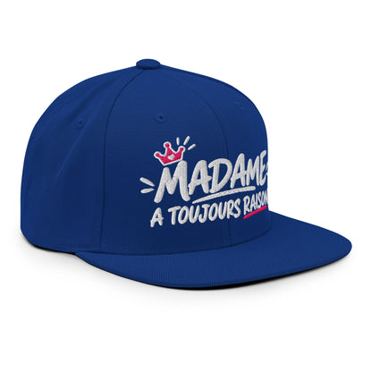 Casquette Snapback, brodée « Madame à toujours raison », en Bleu Roi, vue de trois quarts, image 56