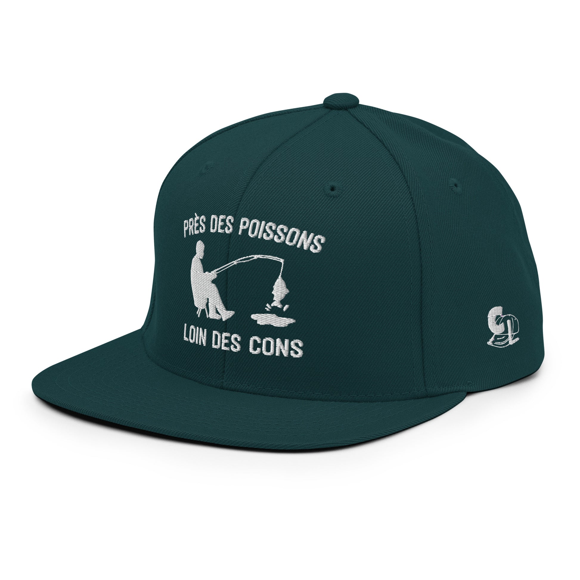 Casquette Snapback, brodée « Près des poissons, loin des cons », en Épicéa, vue de trois quarts, image 70