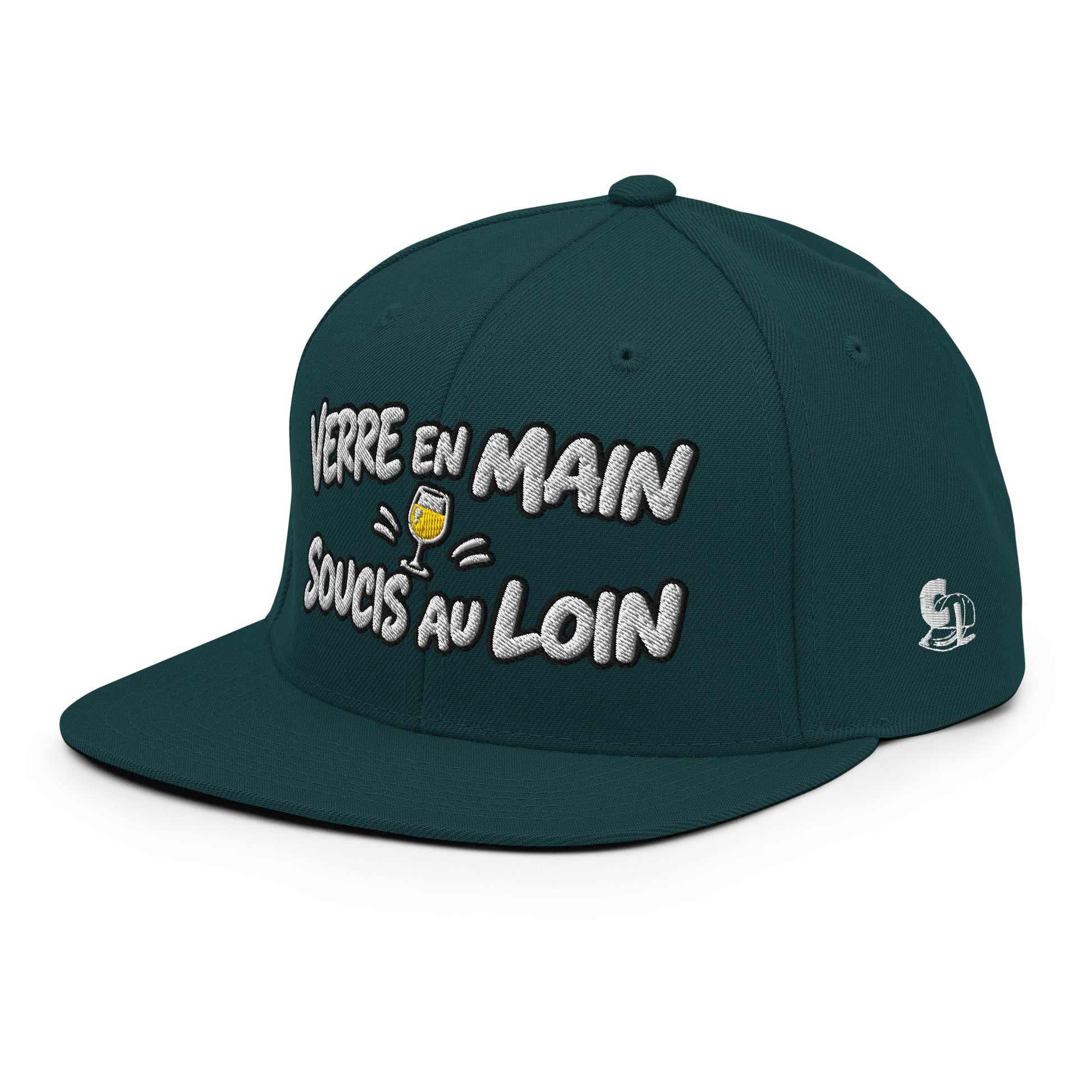 Casquette Snapback, brodée « Verre en main, souci au loin », en Épicéa, vue de trois quarts, image 65