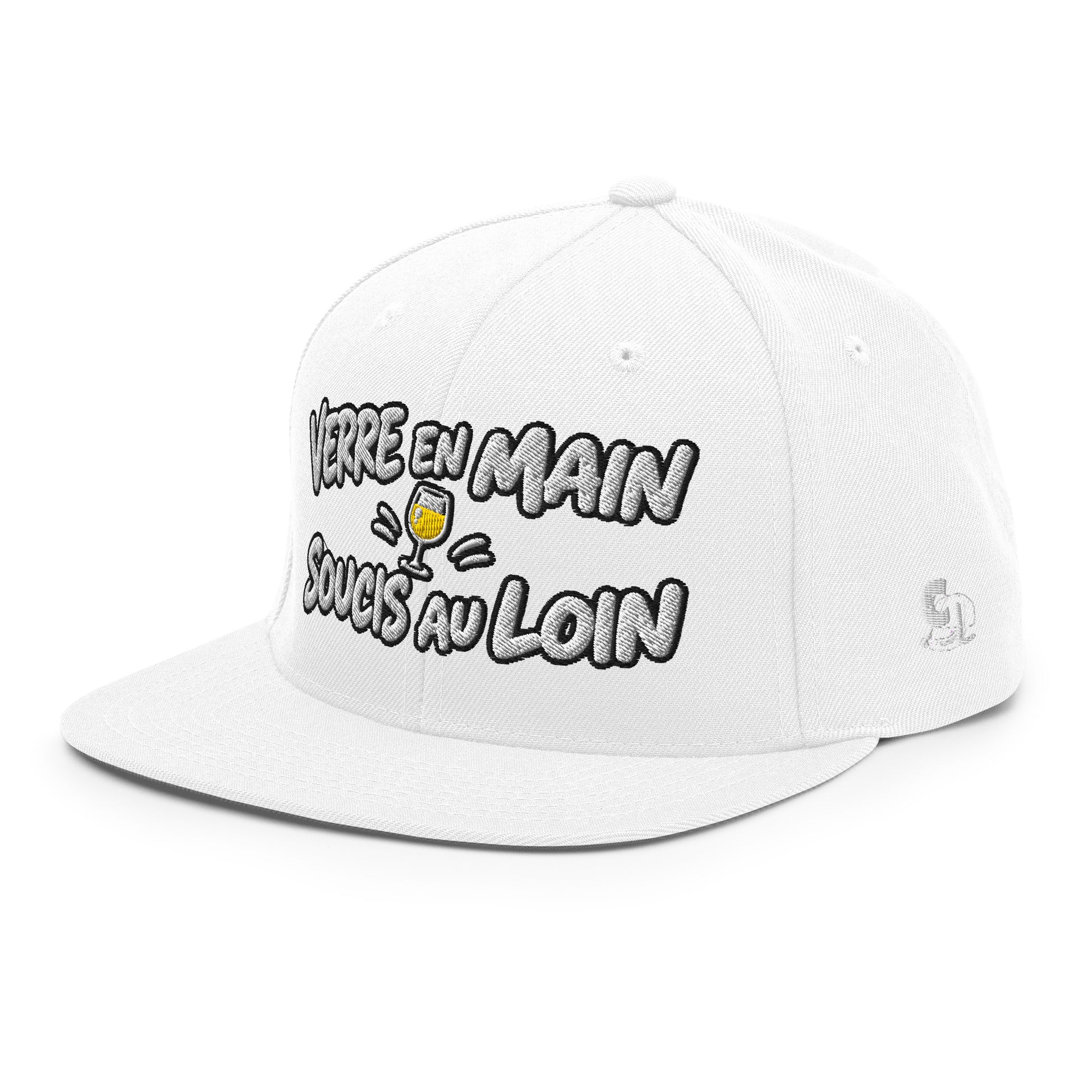 Casquette Snapback, brodée « Verre en main, souci au loin », vue de trois quarts, image 108