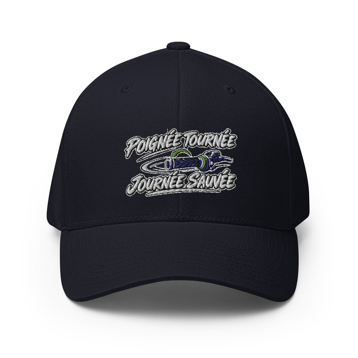 Casquette Casquette, brodée « Poignée tournée, journée sauvée », en Bleu Marine Foncé, vue de face, image 11
