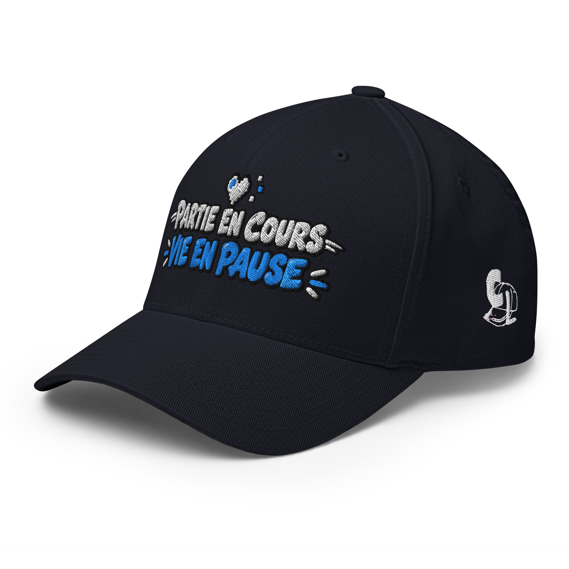 Casquette Casquette, brodée « Partie en cours, vie en pause », en Bleu Marine Foncé, vue de trois quarts, image 20