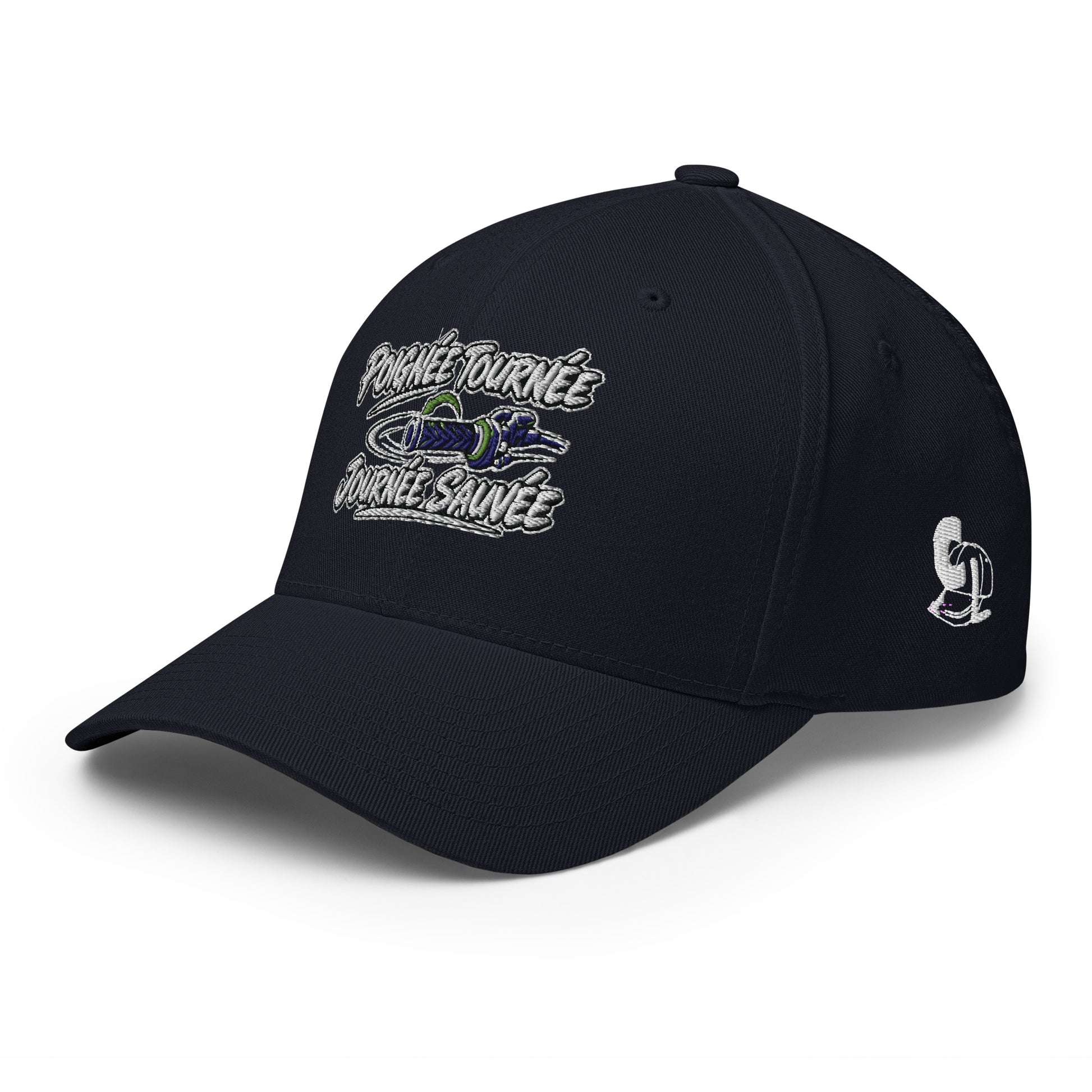 Casquette Casquette, brodée « Poignée tournée, journée sauvée », en Bleu Marine Foncé, vue de trois quarts, image 20