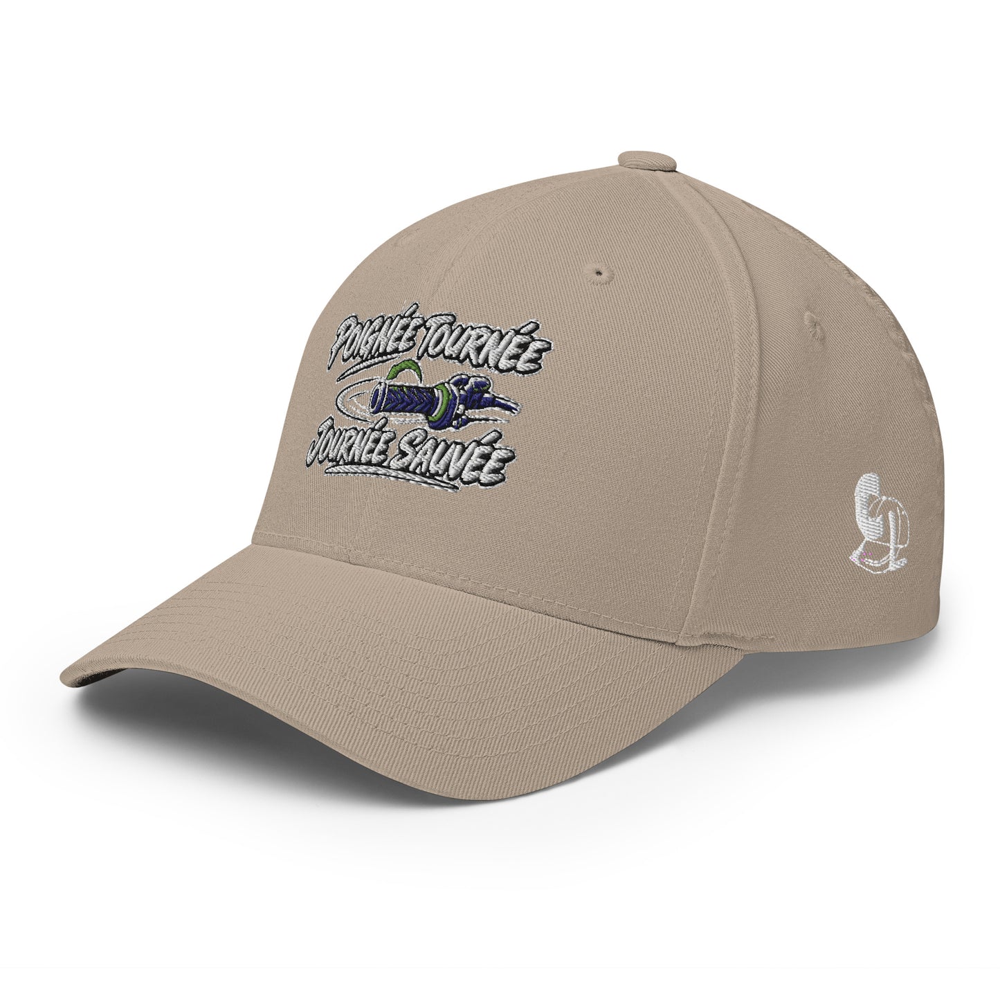 Casquette Casquette, brodée « Poignée tournée, journée sauvée », en Rouge, vue de trois quarts