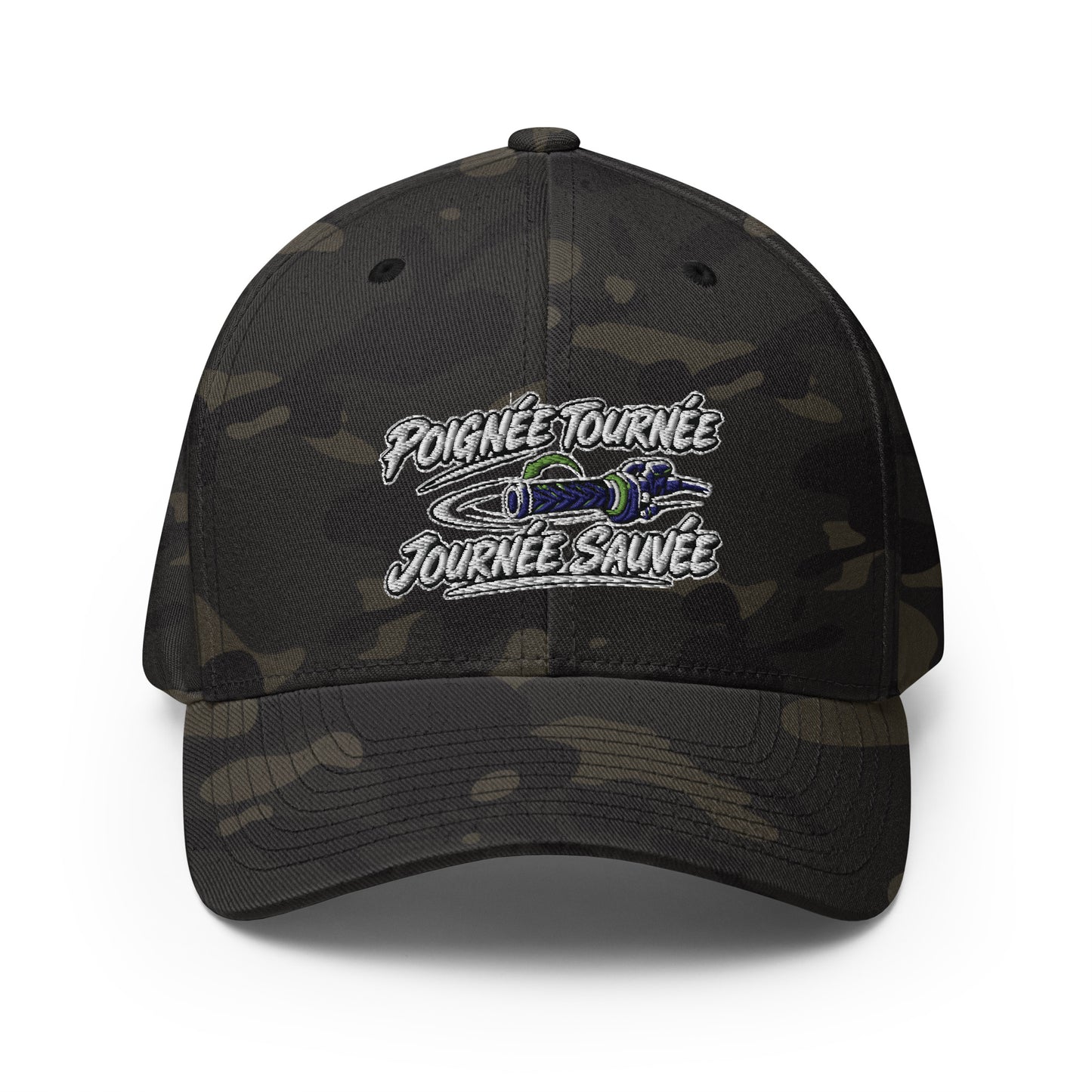 Casquette Casquette, brodée « Poignée tournée, journée sauvée », en Multicam Black, vue de face, image 3