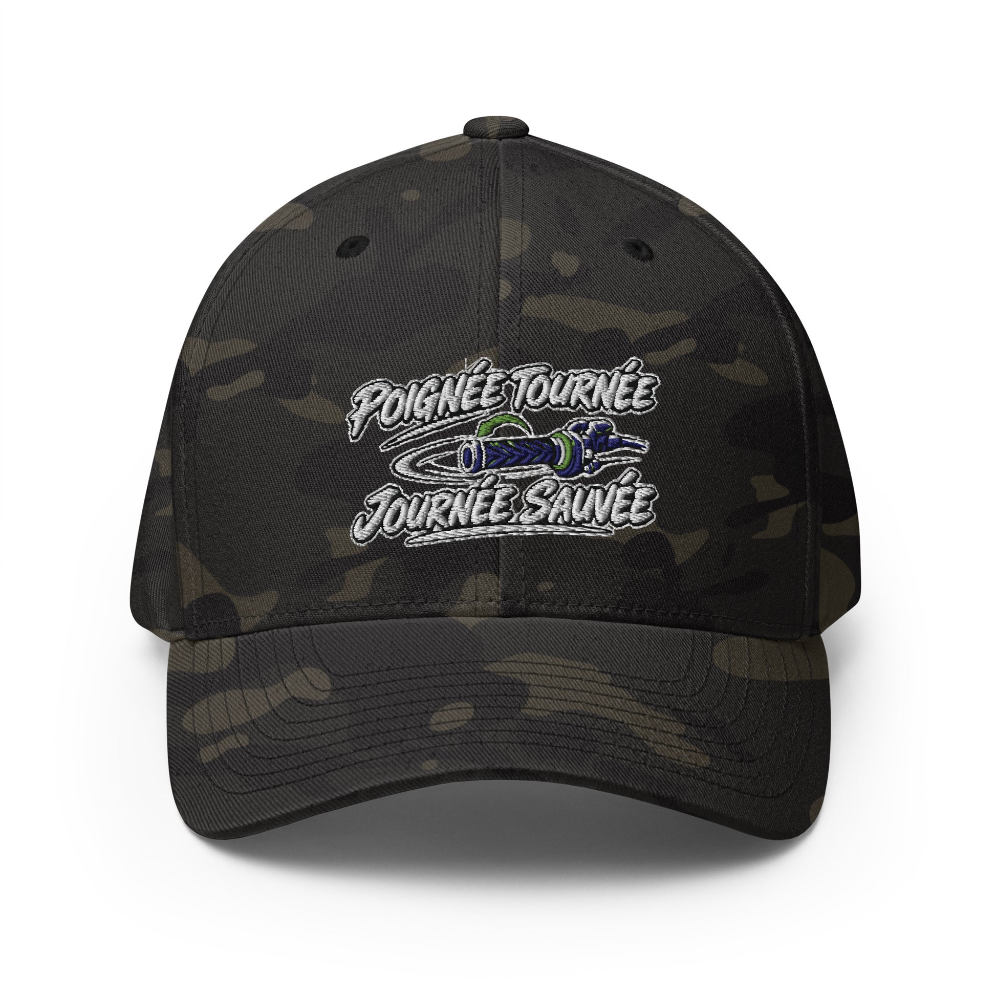 Casquette Casquette, brodée « Poignée tournée, journée sauvée », en Multicam Black, vue de face, image 3
