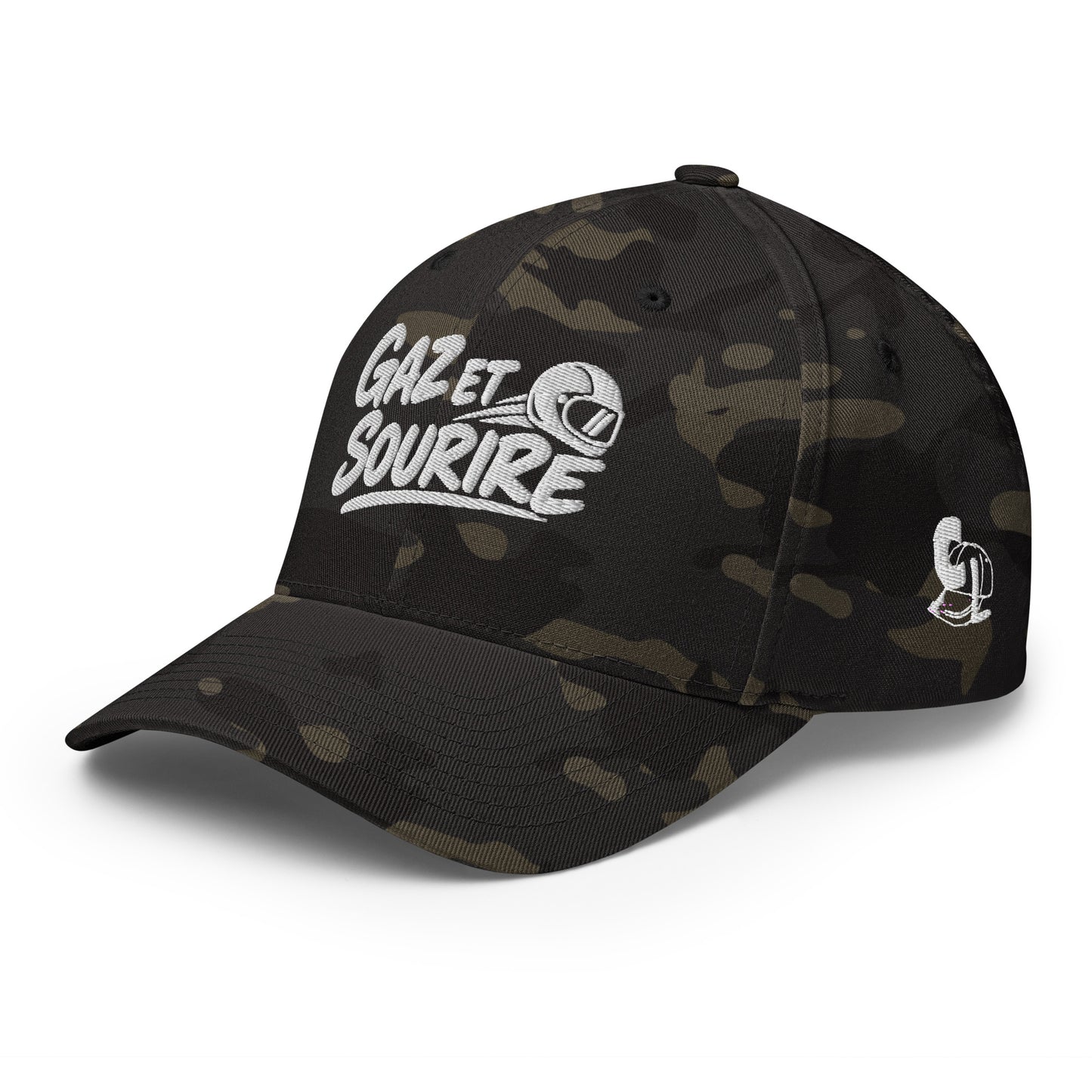 Casquette Casquette, brodée « Gaz et sourire », en Multicam Black, vue de trois quarts