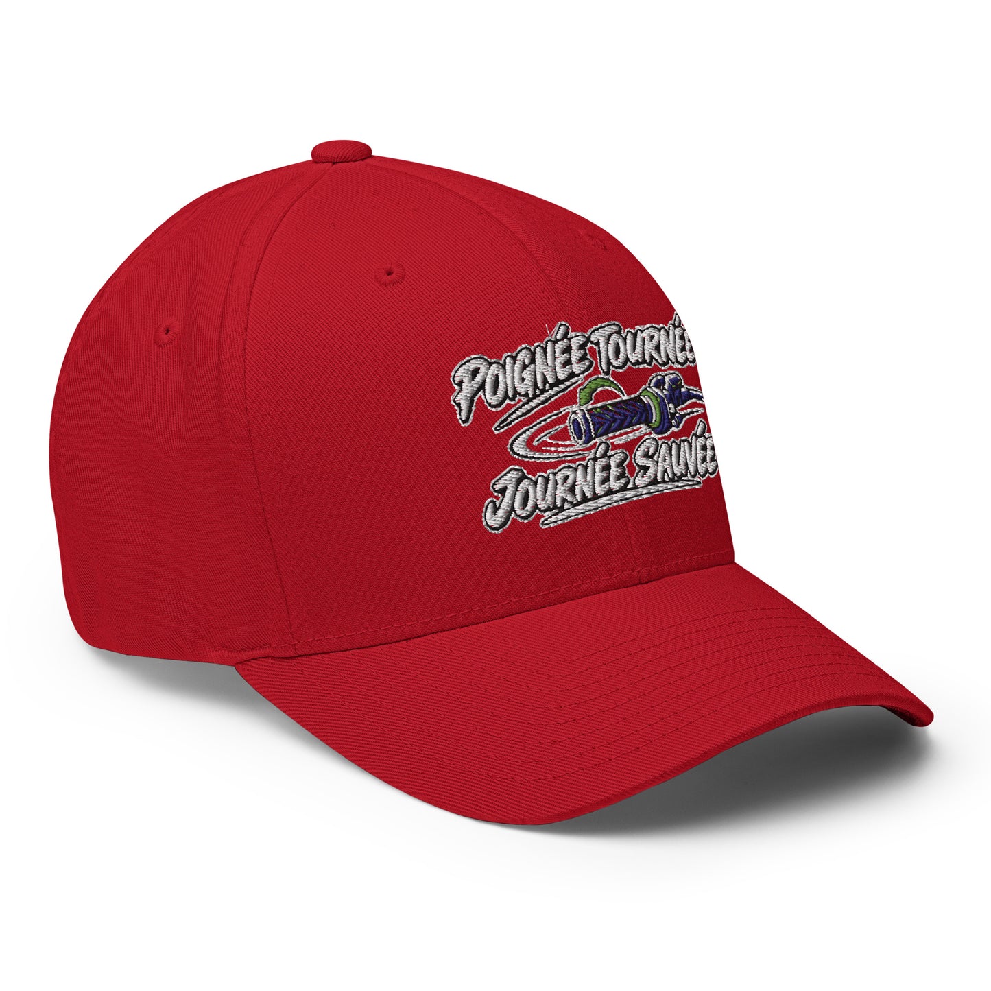Casquette Casquette, brodée « Poignée tournée, journée sauvée », en Rouge, vue de trois quarts, image 36