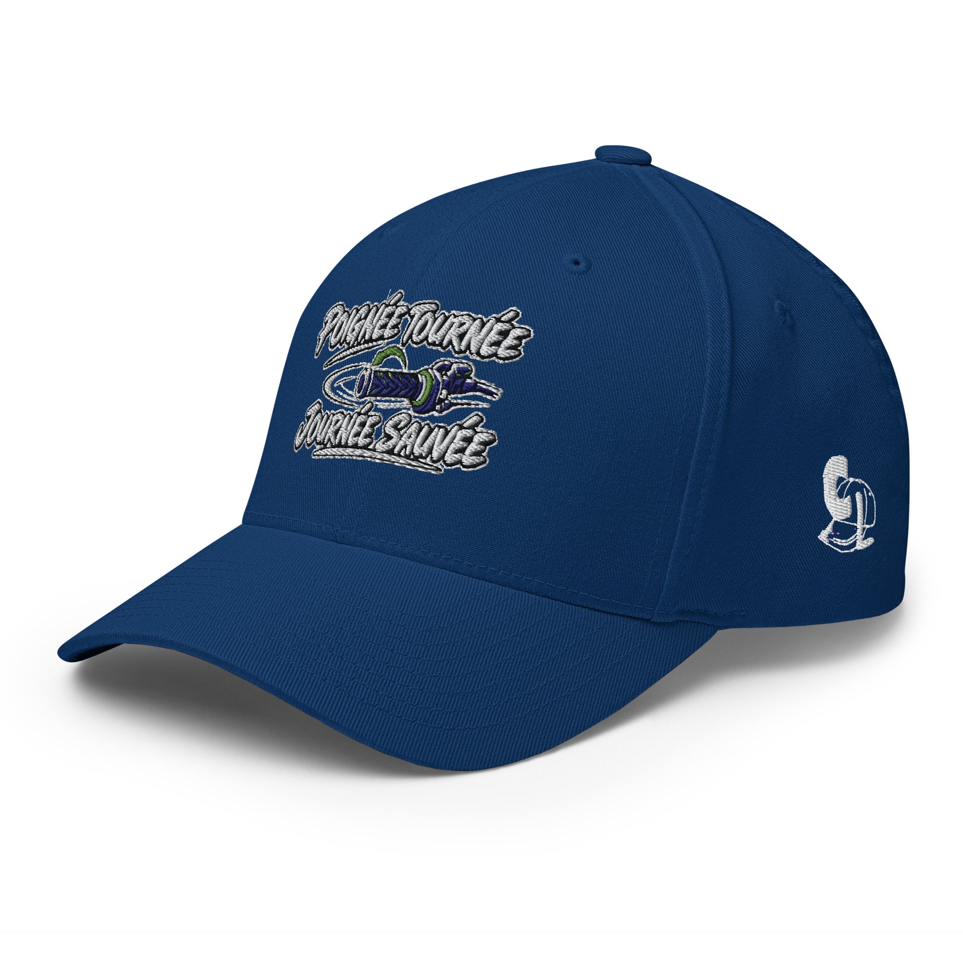 Casquette Casquette, brodée « Poignée tournée, journée sauvée », en Bleu Roi, vue de trois quarts, image 30