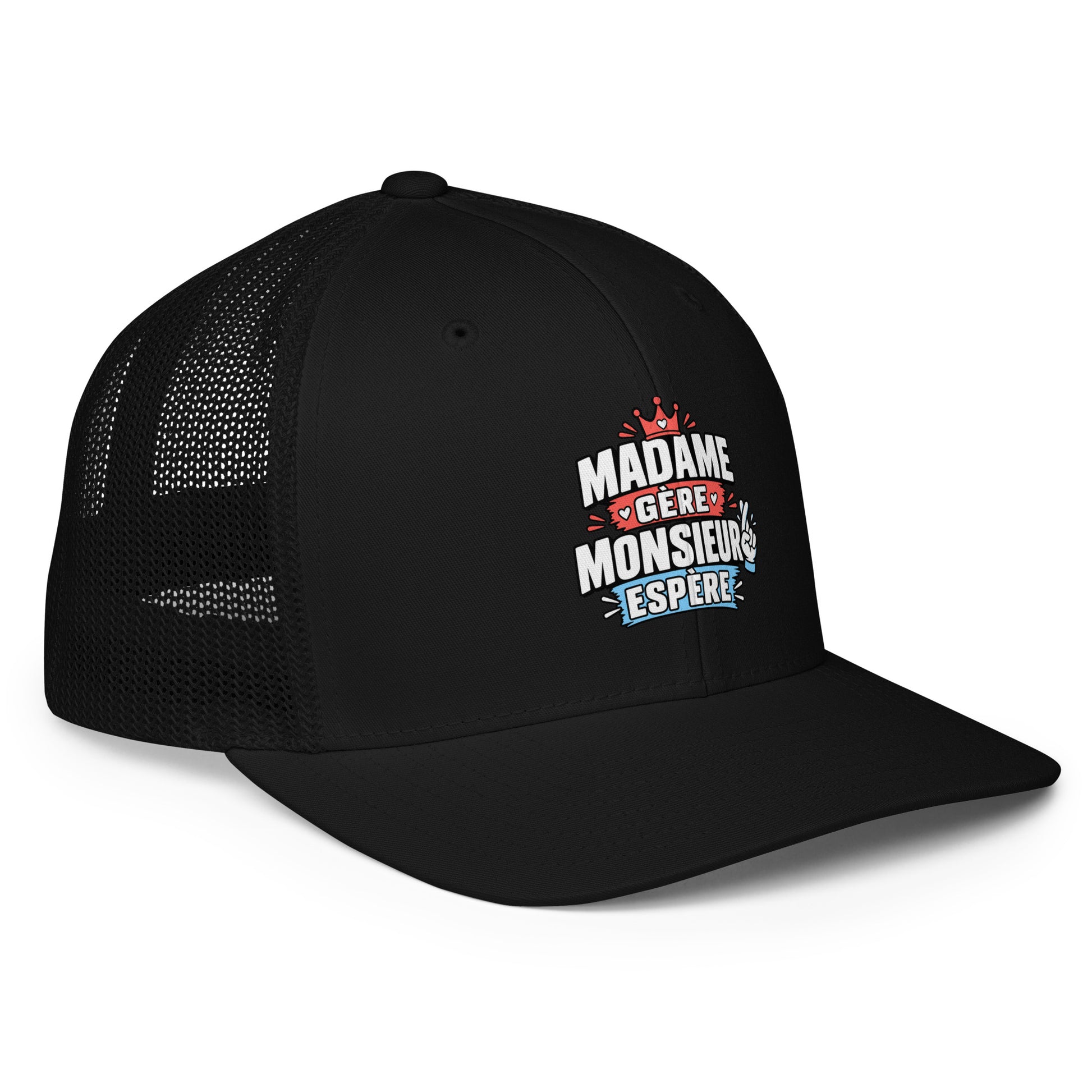 Casquette Casquette, brodée « Madame gère, monsieur espère », vue de trois quarts