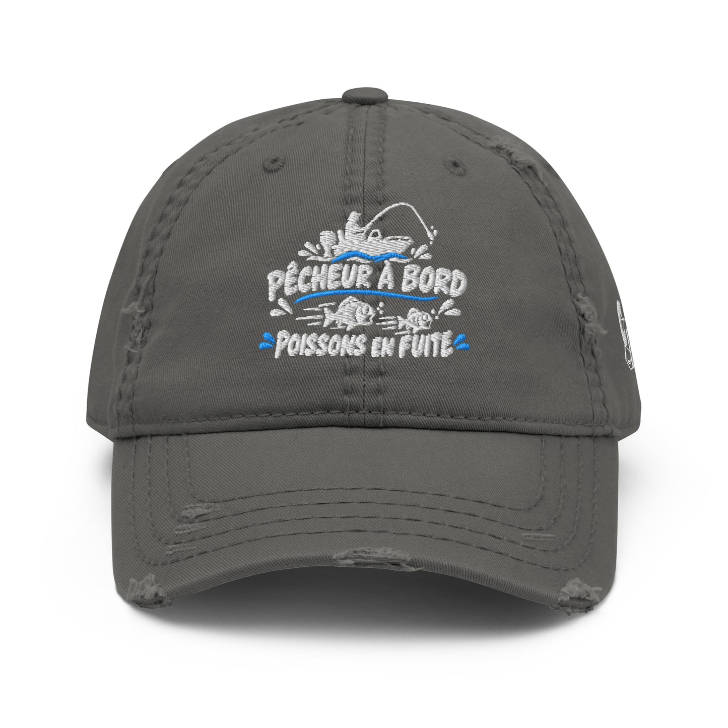 Casquette Baseball, brodée « Pêcheur à bord, poissons en fuite », en Charcoal Grey, vue de face, image 2