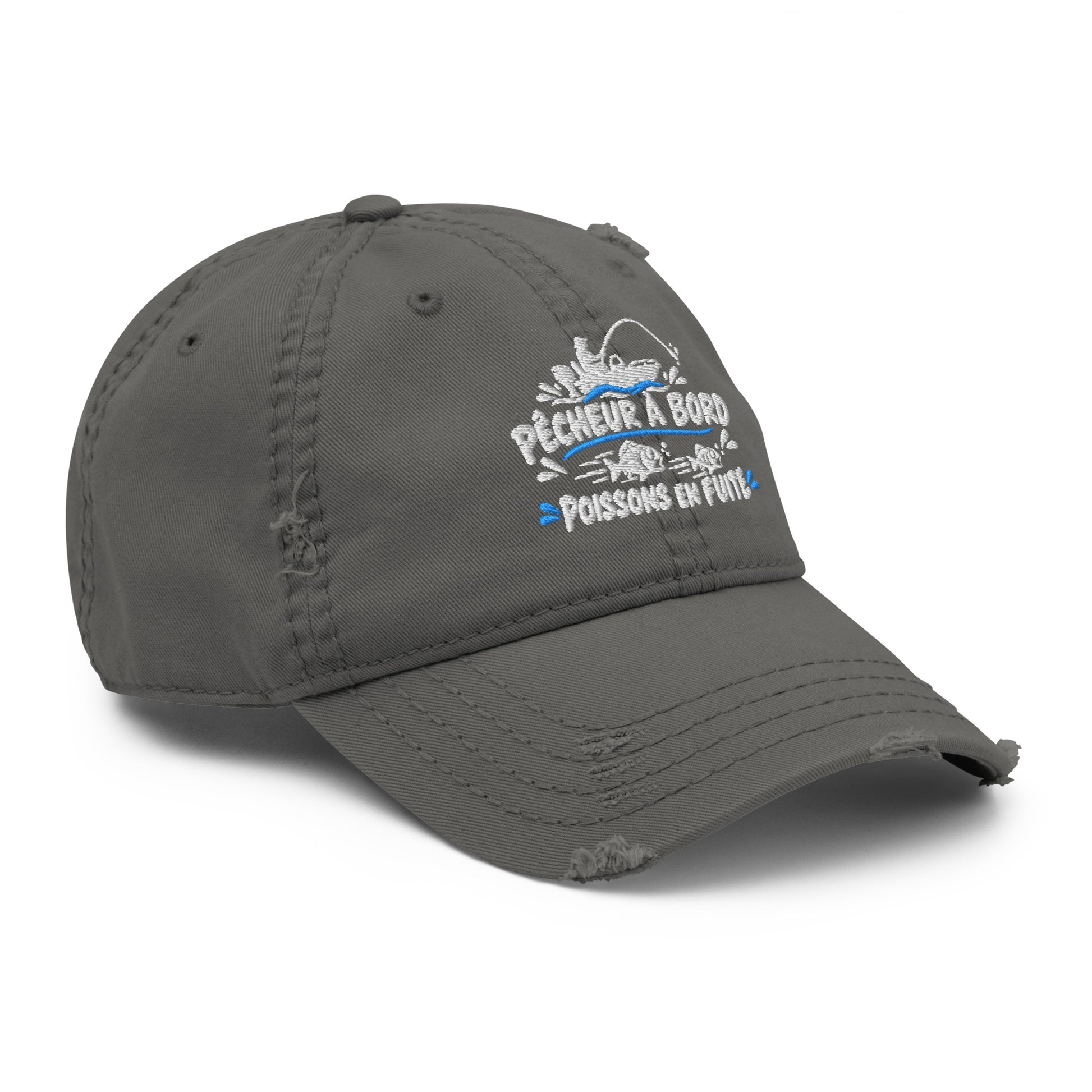 Casquette Baseball, brodée « Pêcheur à bord, poissons en fuite », en Charcoal Grey, vue de trois quarts, image 12