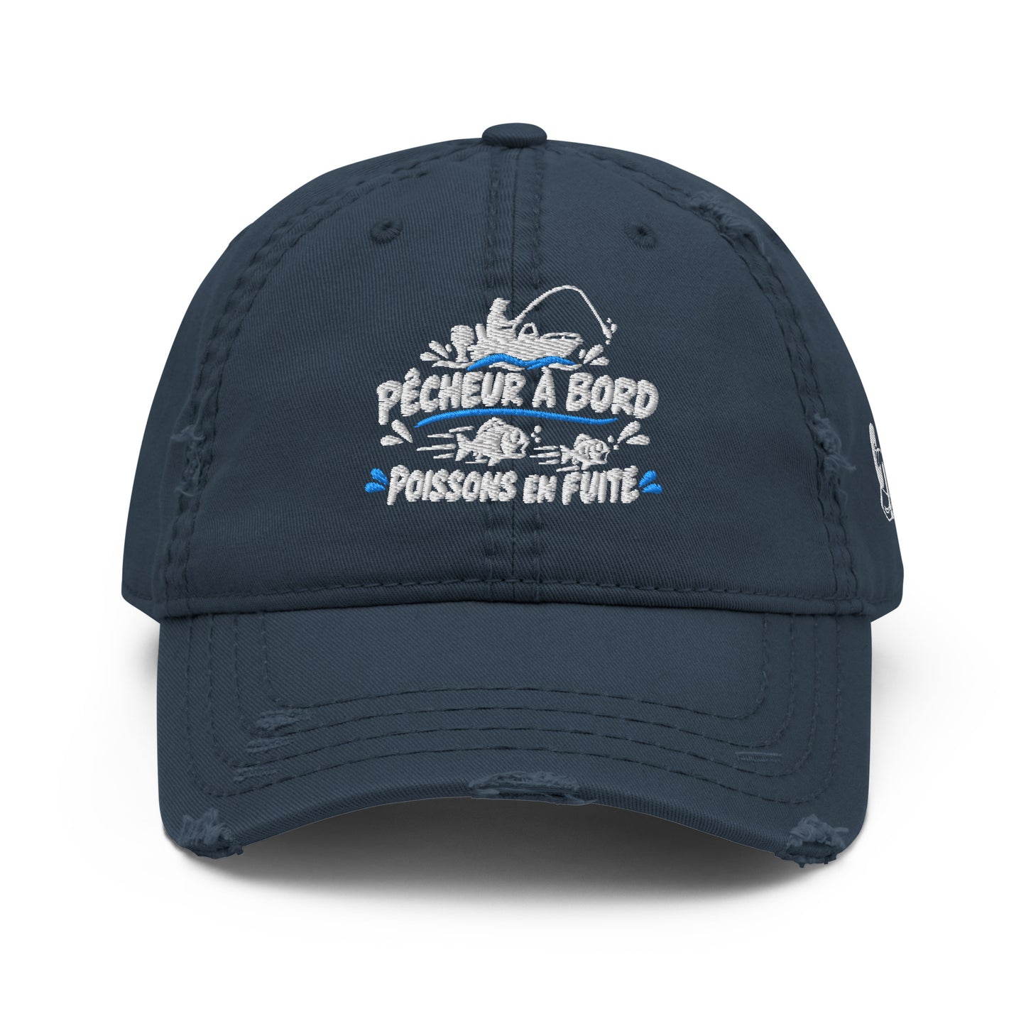 Casquette Baseball, brodée « Pêcheur à bord, poissons en fuite », en Bleu Marine, vue de face, image 4