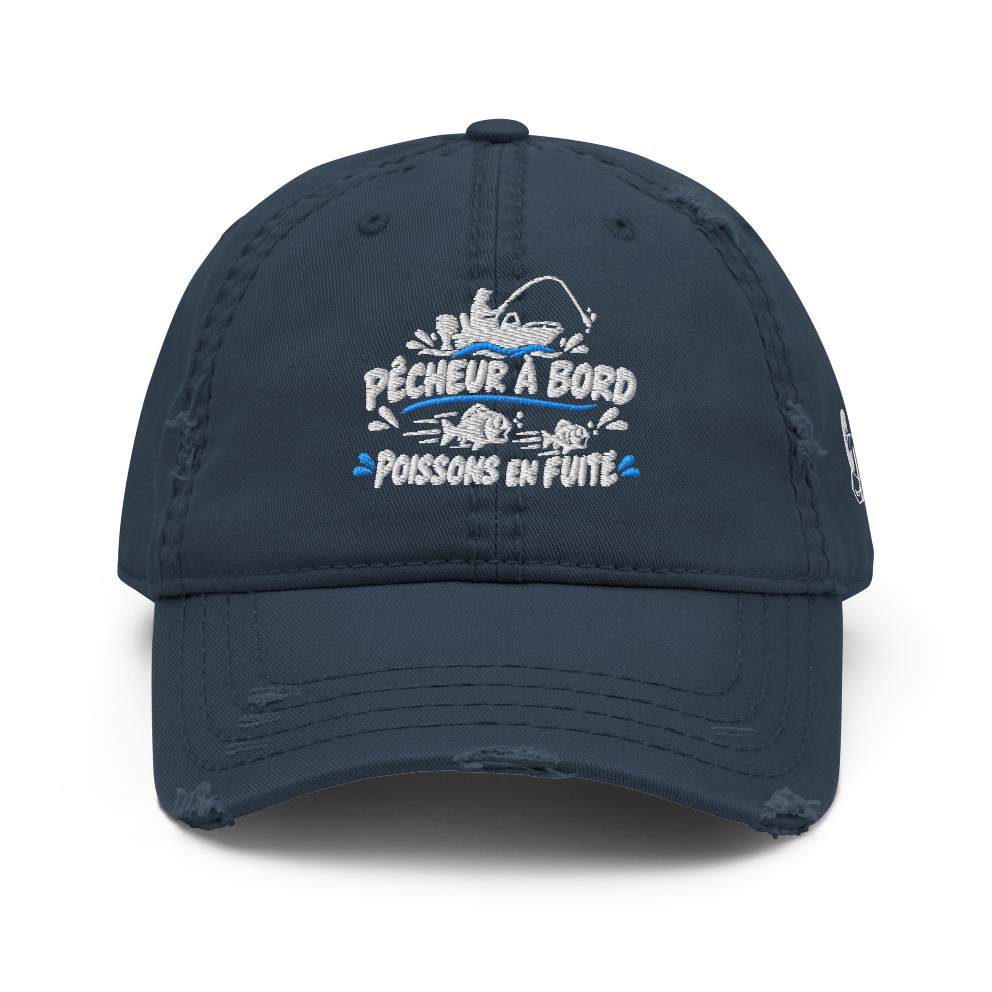 Casquette Baseball, brodée « Pêcheur à bord, poissons en fuite », en Bleu Marine, vue de face, image 4