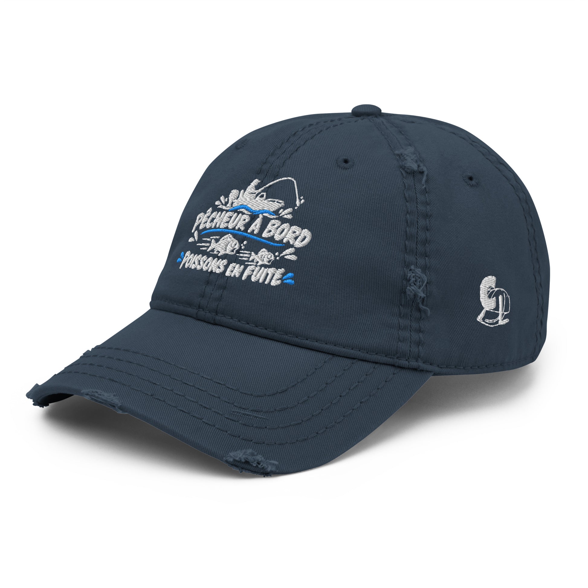 Casquette Baseball, brodée « Pêcheur à bord, poissons en fuite », en Bleu Marine, vue de trois quarts