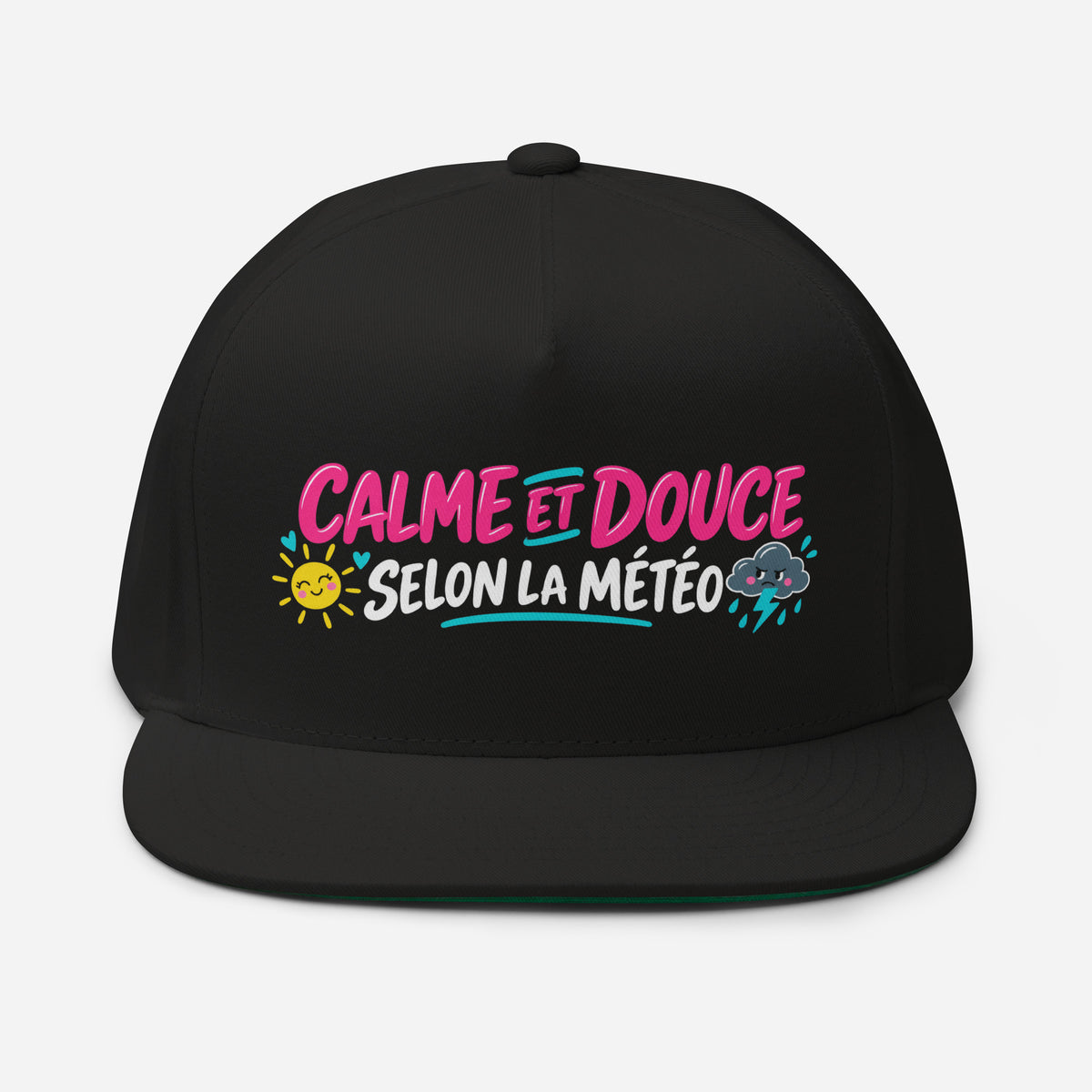 Casquette Snapback, brodée « Calme et douce selon la météo », en Noir, vue de face, image 3