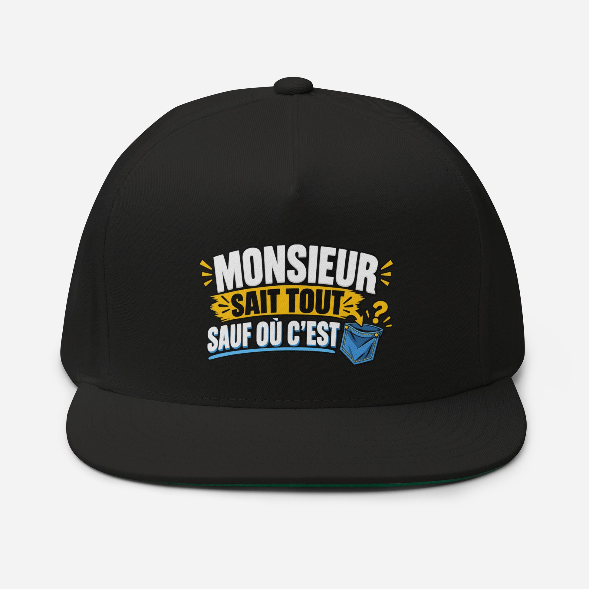 Casquette Snapback, brodée « Monsieur sait tout, sauf ou sait », en Noir, vue de face, image 3
