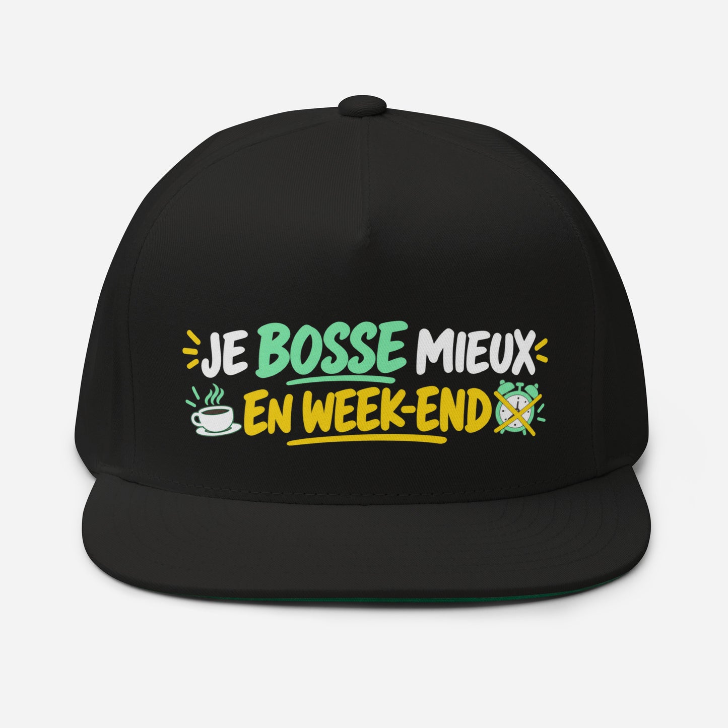 Casquette Snapback, brodée « Je bosse mieux en weekend », en Noir, vue de face, image 3
