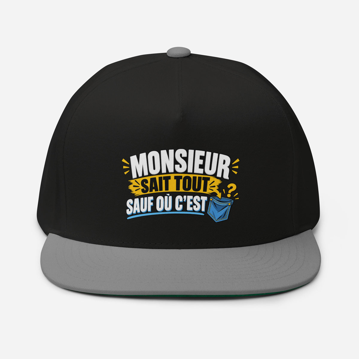 Casquette Snapback, brodée « Monsieur sait tout, sauf ou sait », en Noir, vue de face, image 9