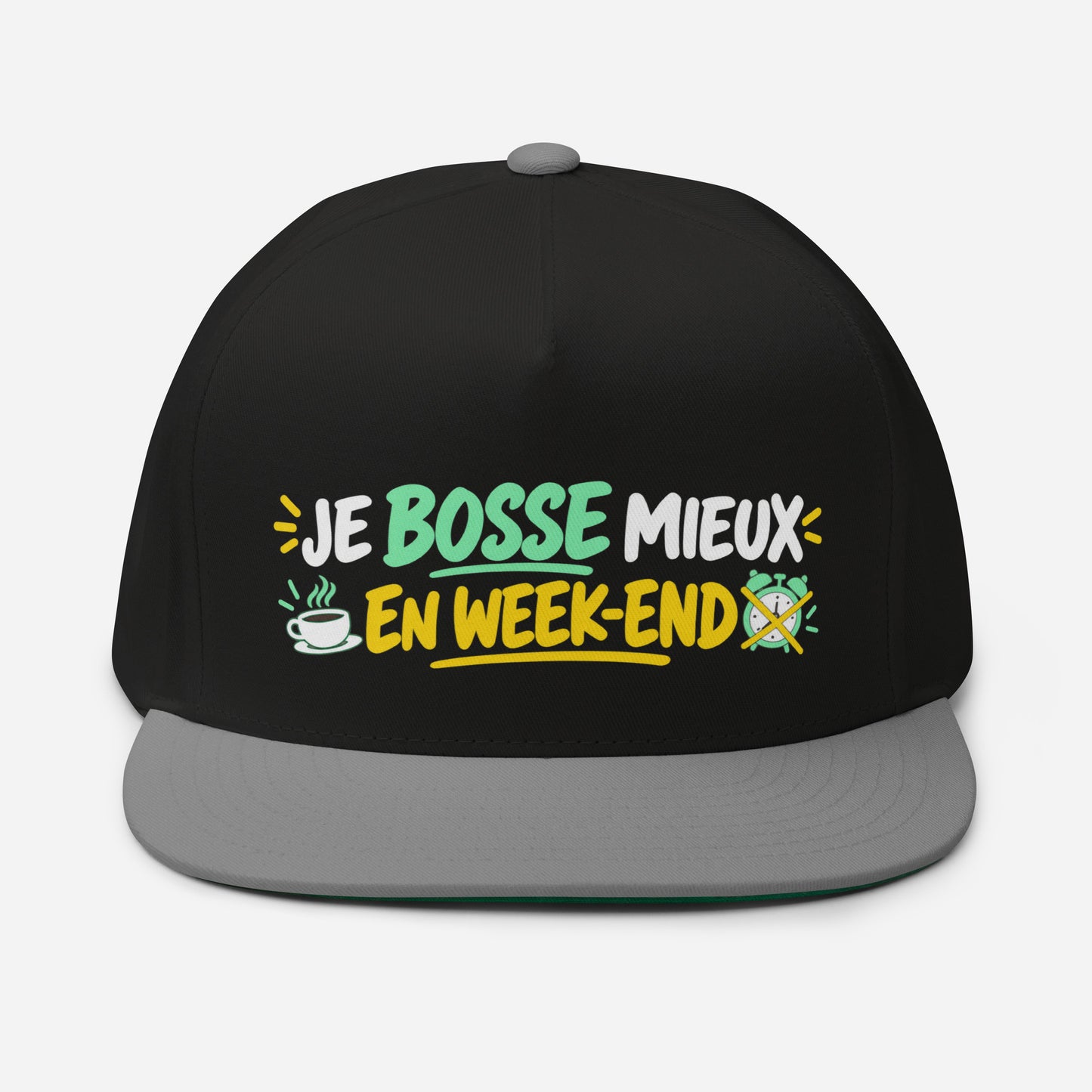 Casquette Snapback, brodée « Je bosse mieux en weekend », en Noir, vue de face, image 9