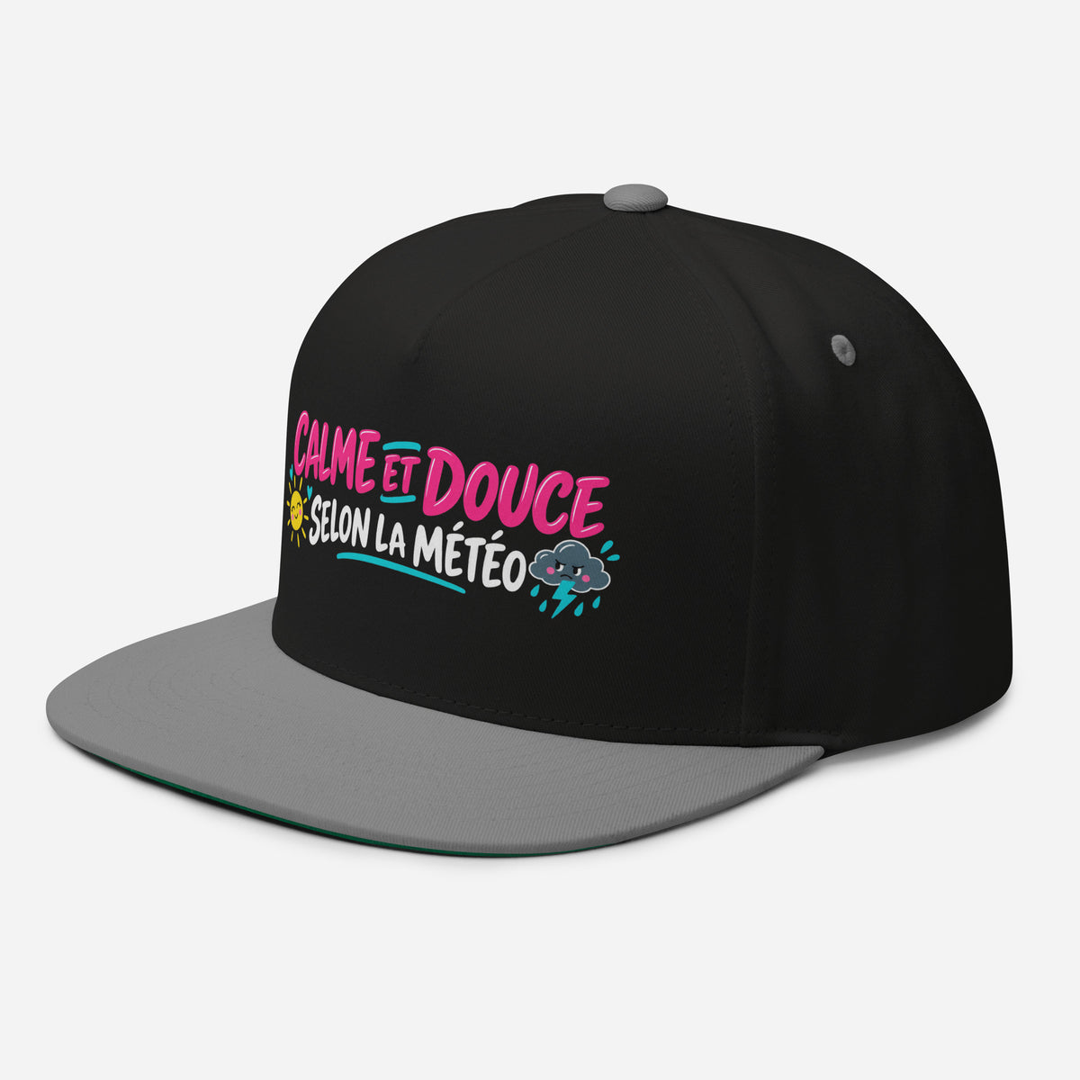 Casquette Snapback, brodée « Calme et douce selon la météo », en Noir, vue de trois quarts, image 10