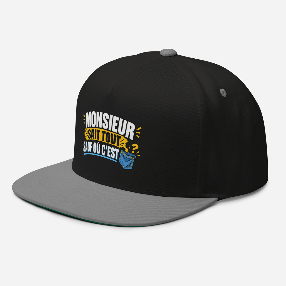 Casquette Snapback, brodée « Monsieur sait tout, sauf ou sait », en Noir, vue de trois quarts