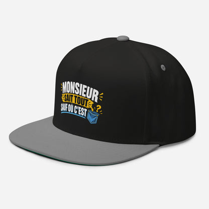 Casquette Snapback, brodée « Monsieur sait tout, sauf ou sait », en Noir, vue de trois quarts