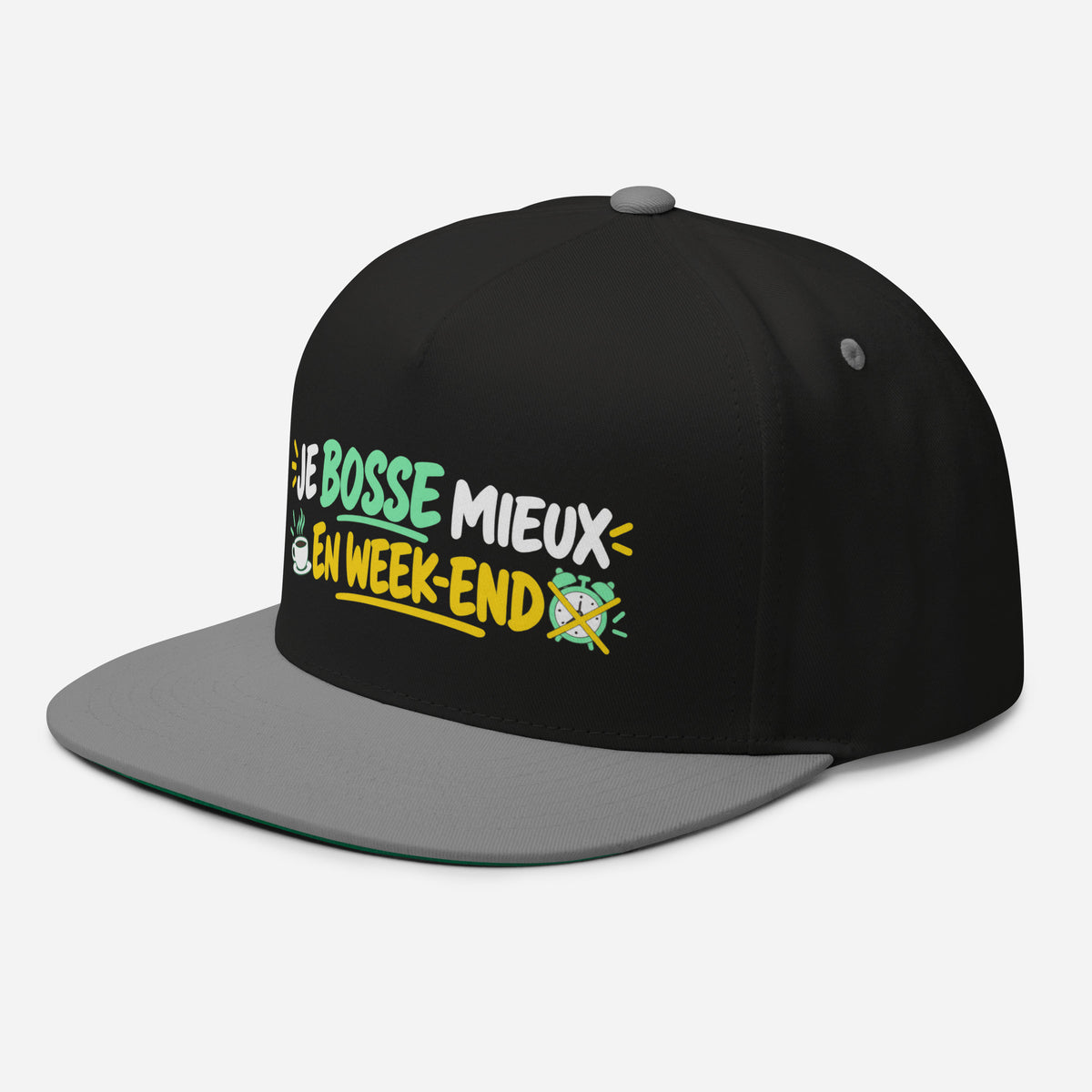 Casquette Snapback, brodée « Je bosse mieux en weekend », en Noir, vue de trois quarts