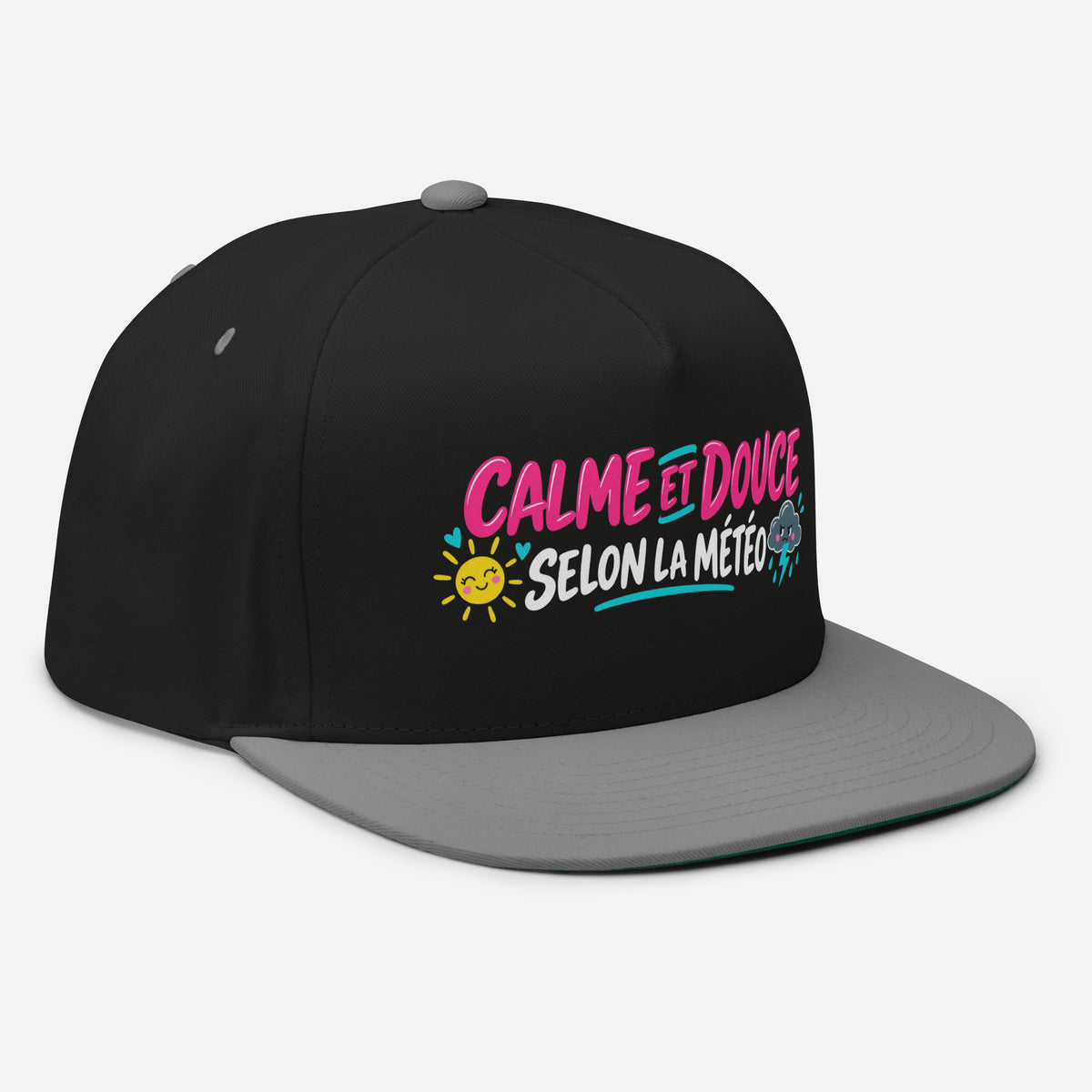 Casquette Snapback, brodée « Calme et douce selon la météo », en Noir, vue de trois quarts, image 12