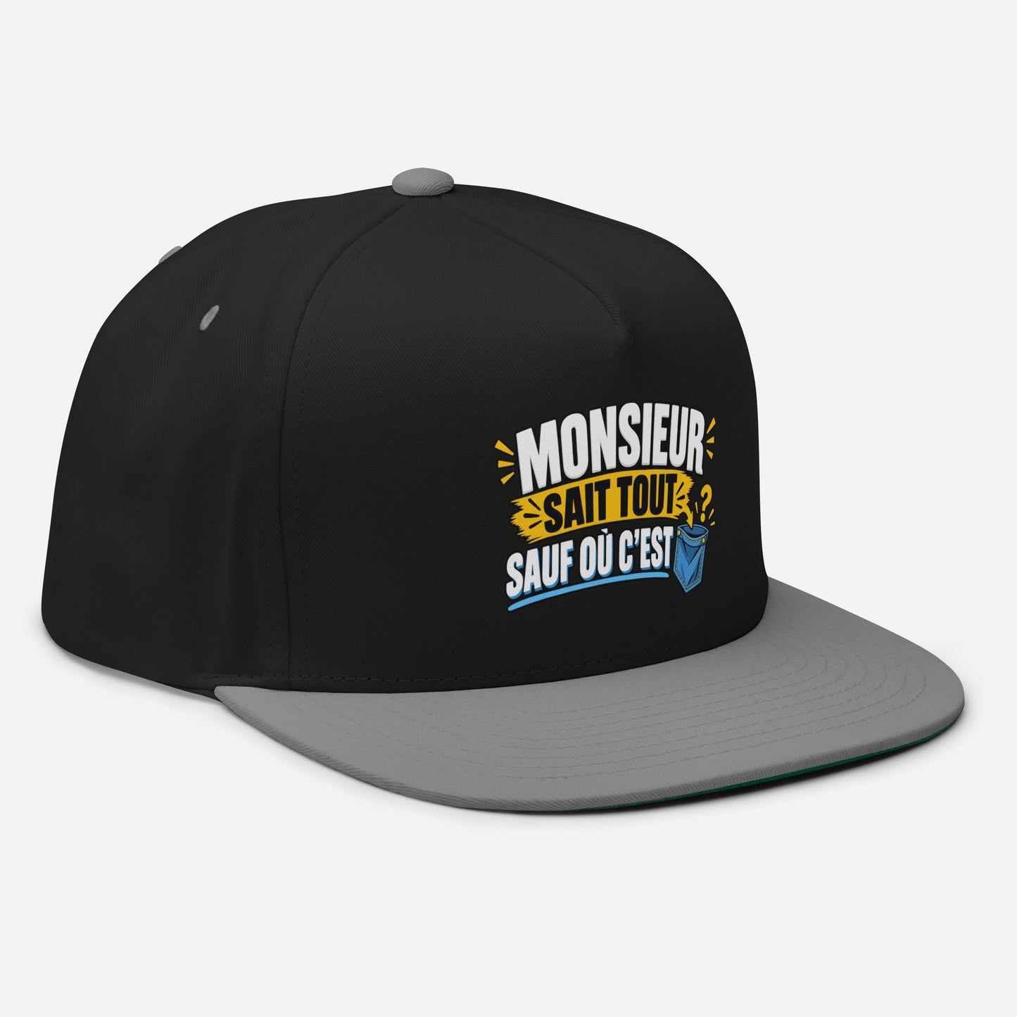Casquette Snapback, brodée « Monsieur sait tout, sauf ou sait », en Noir, vue de trois quarts, image 11