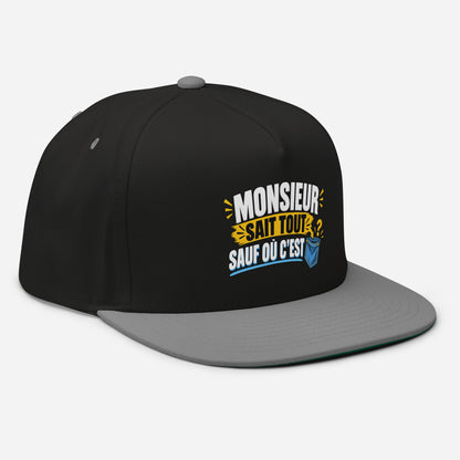Casquette Snapback, brodée « Monsieur sait tout, sauf ou sait », en Noir, vue de trois quarts, image 11