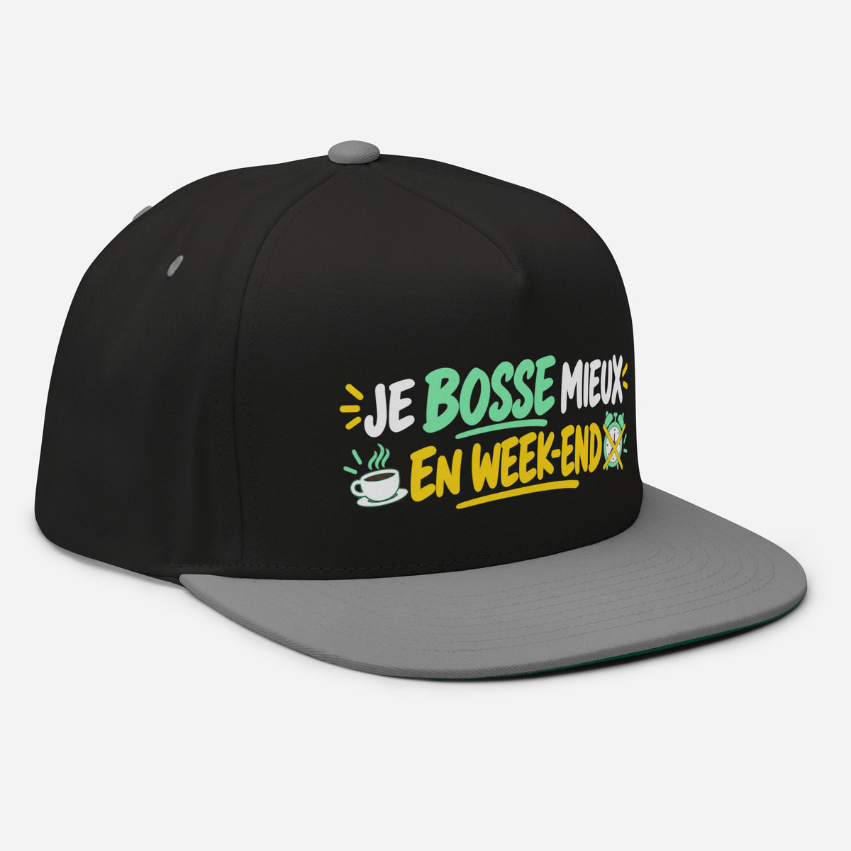 Casquette Snapback, brodée « Je bosse mieux en weekend », en Noir, vue de trois quarts, image 11