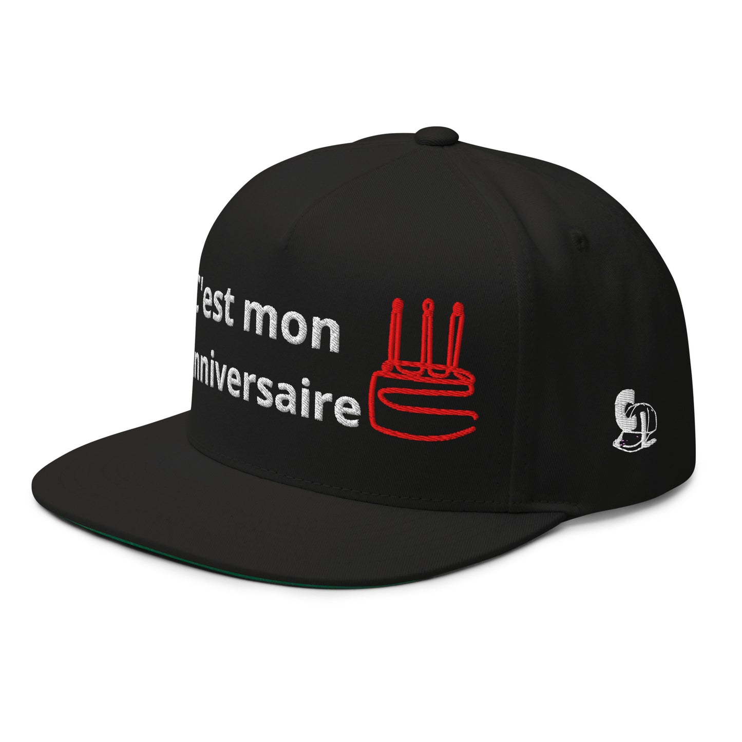 Casquette Snapback, brodée « C'est mon anniversaire », en Noir, vue de trois quarts, image 5