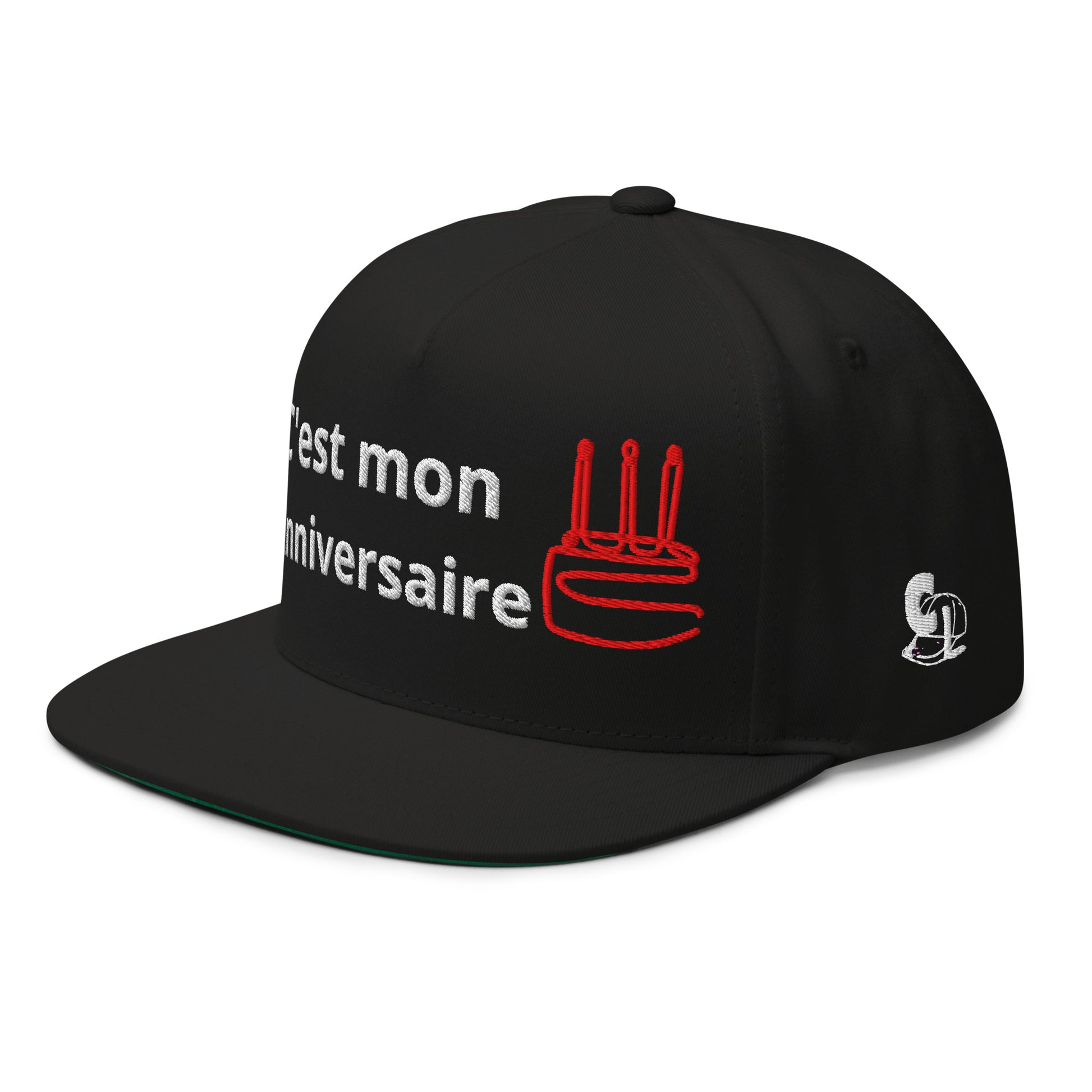 Casquette Snapback, brodée « C'est mon anniversaire », en Noir, vue de trois quarts, image 5