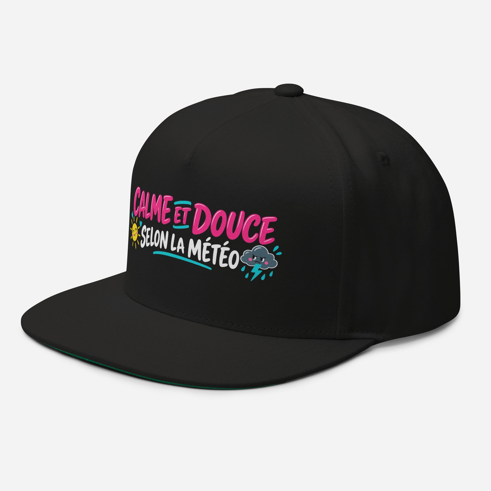 Casquette Snapback, brodée « Calme et douce selon la météo », en Noir, vue de trois quarts, image 4