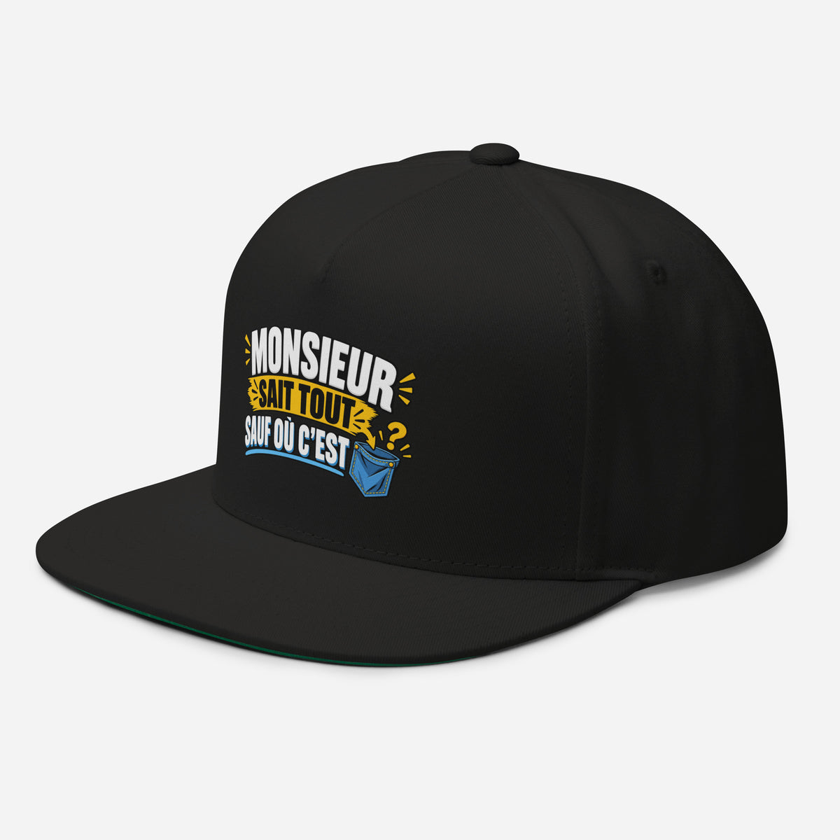 Casquette Snapback, brodée « Monsieur sait tout, sauf ou sait », en Noir, vue de trois quarts, image 4