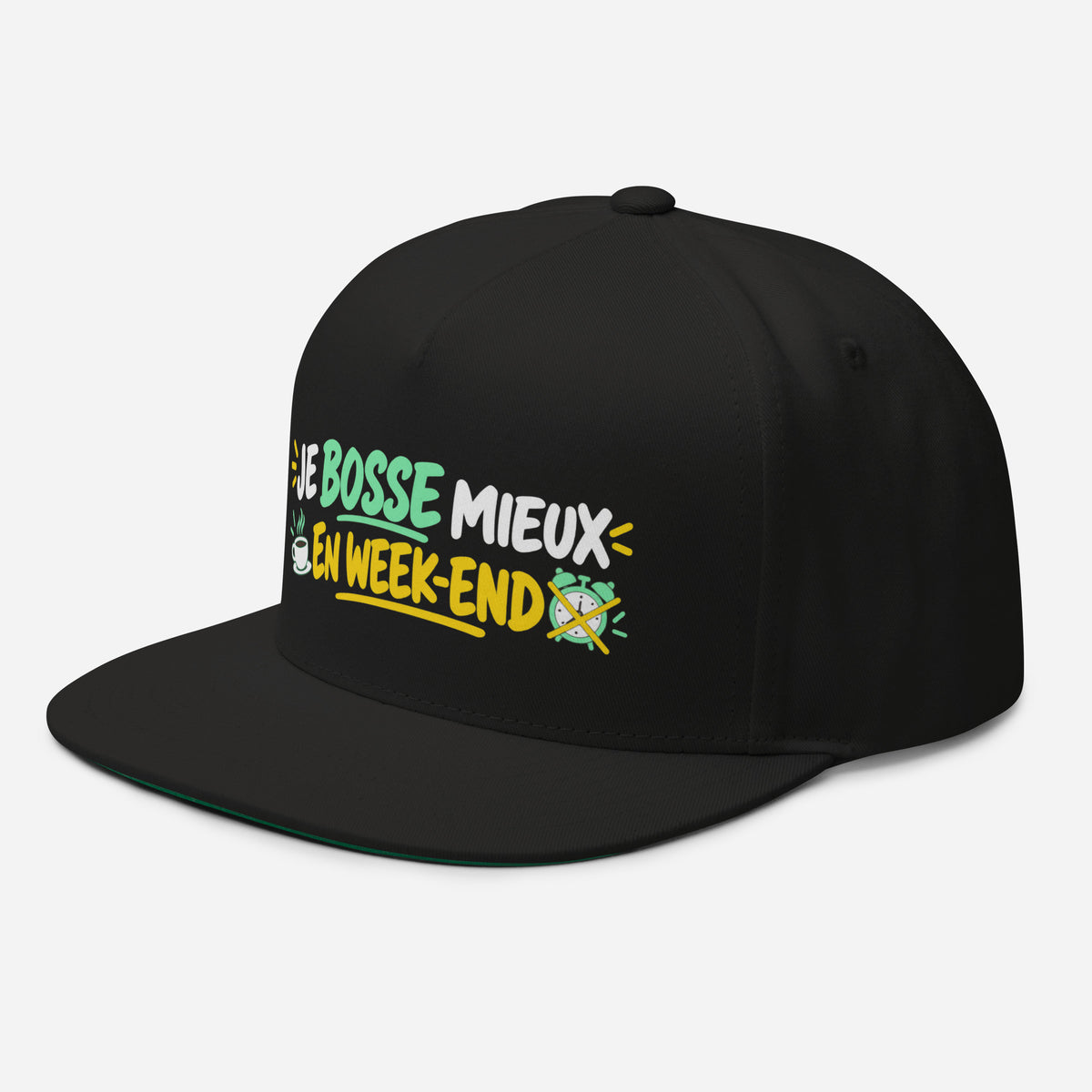 Casquette Snapback, brodée « Je bosse mieux en weekend », en Noir, vue de trois quarts, image 4