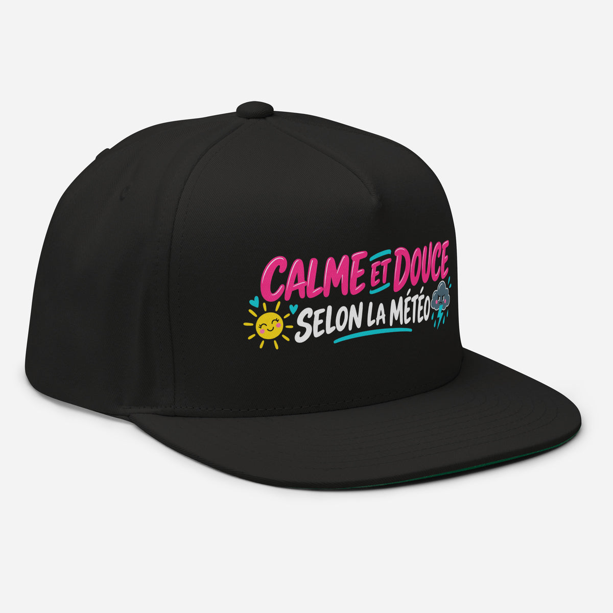 Casquette Snapback, brodée « Calme et douce selon la météo », en Noir, vue de trois quarts, image 6