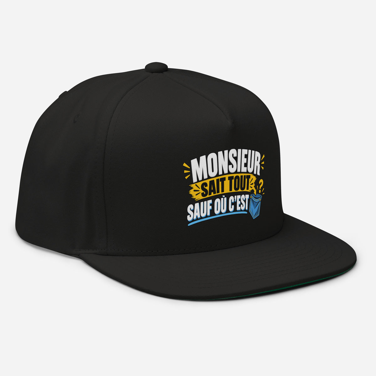 Casquette Snapback, brodée « Monsieur sait tout, sauf ou sait », en Noir, vue de trois quarts, image 6