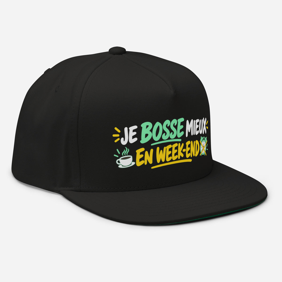 Casquette Snapback, brodée « Je bosse mieux en weekend », en Noir, vue de trois quarts, image 6
