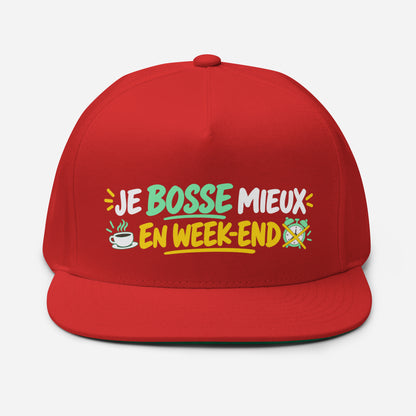 Casquette Snapback, brodée « Je bosse mieux en weekend », en Rouge, vue de face, image 20