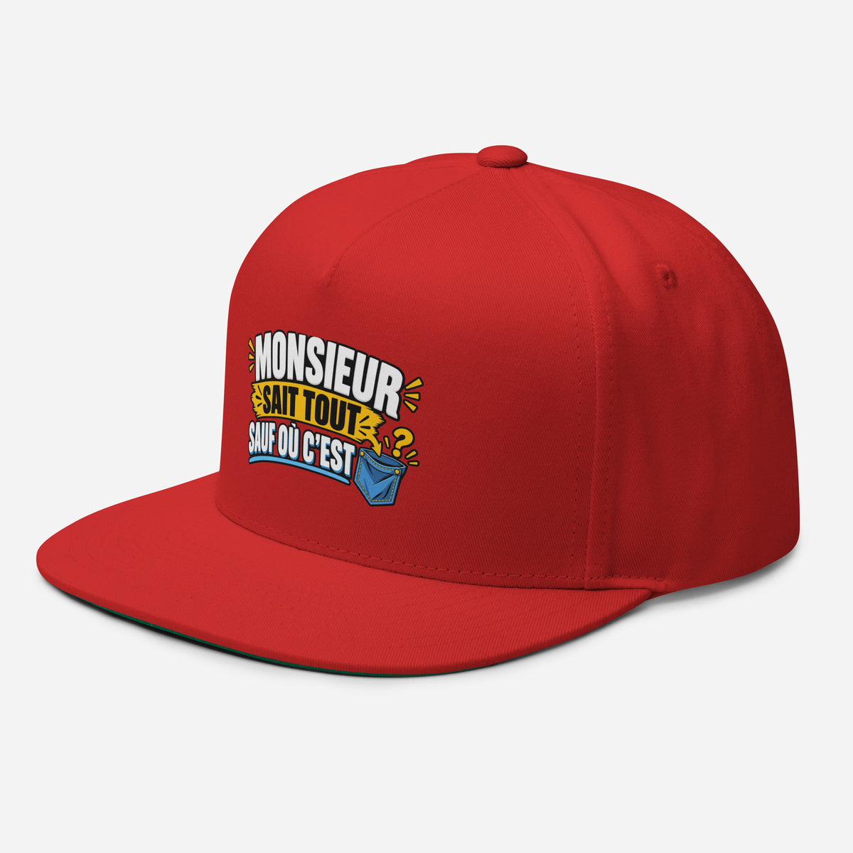 Casquette Snapback, brodée « Monsieur sait tout, sauf ou sait », en Rouge, vue de trois quarts, image 21