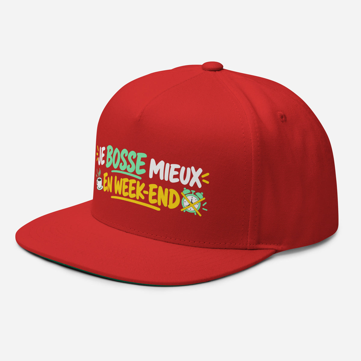 Casquette Snapback, brodée « Je bosse mieux en weekend », en Rouge, vue de trois quarts, image 21