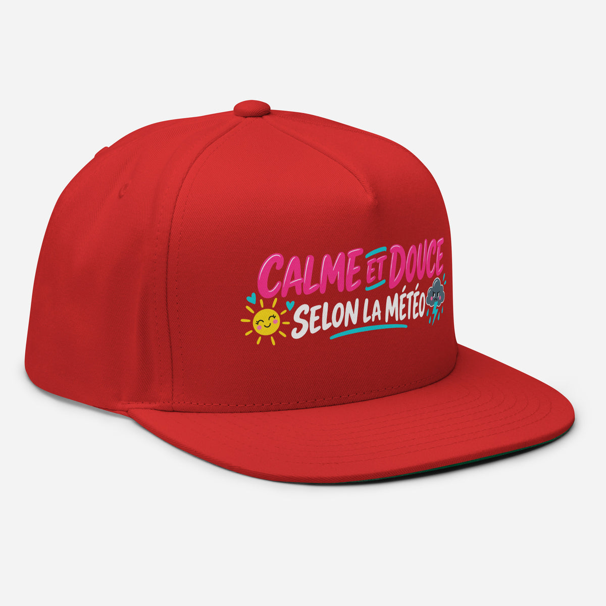 Casquette Snapback, brodée « Calme et douce selon la météo », en Rouge, vue de trois quarts, image 24