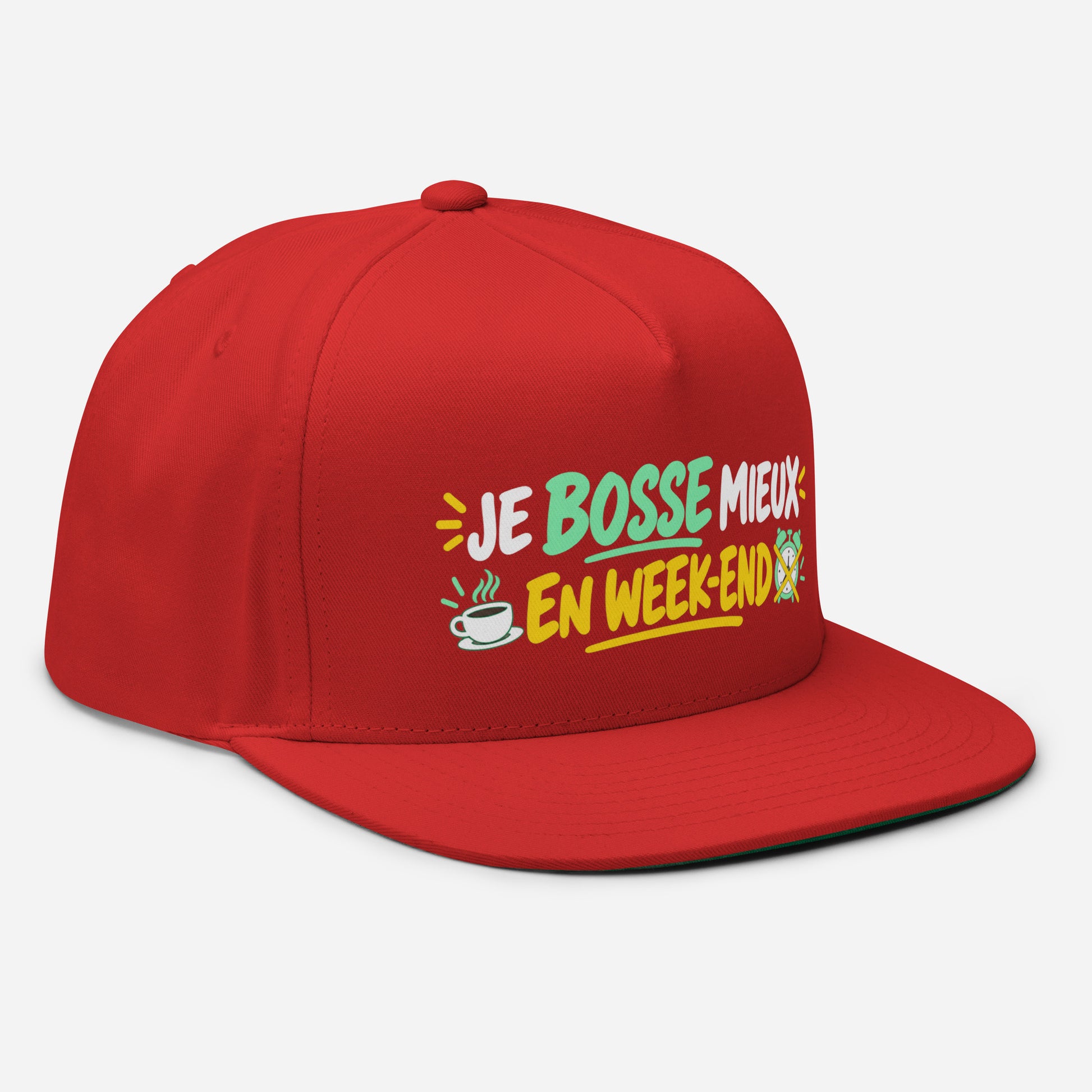Casquette Snapback, brodée « Je bosse mieux en weekend », en Rouge, vue de trois quarts, image 23