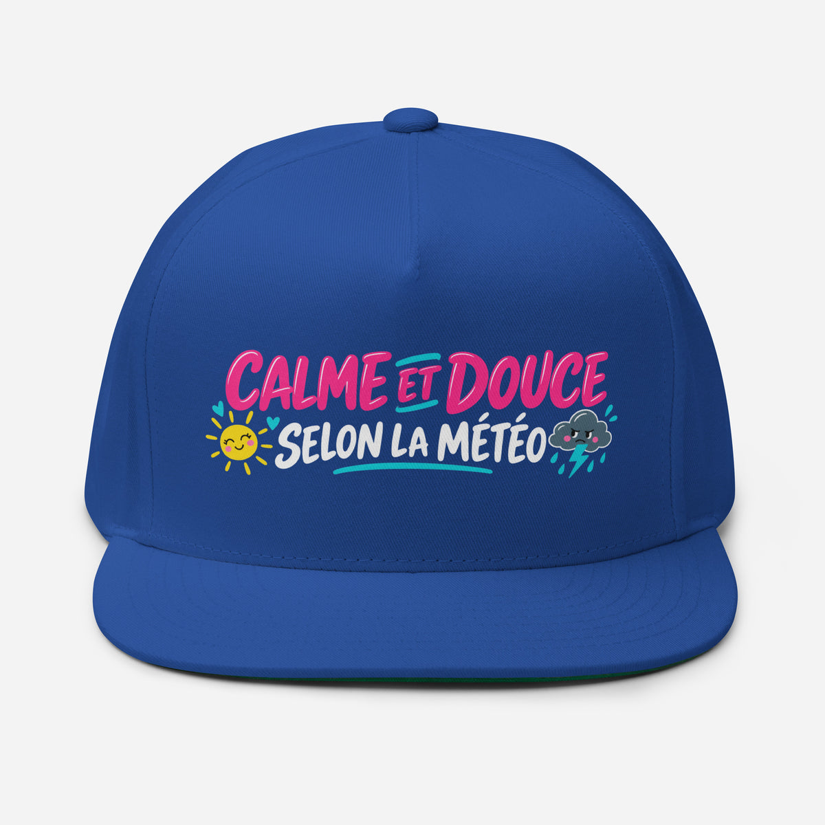 Casquette Snapback, brodée « Calme et douce selon la météo », en Bleu Roi, vue de face, image 15