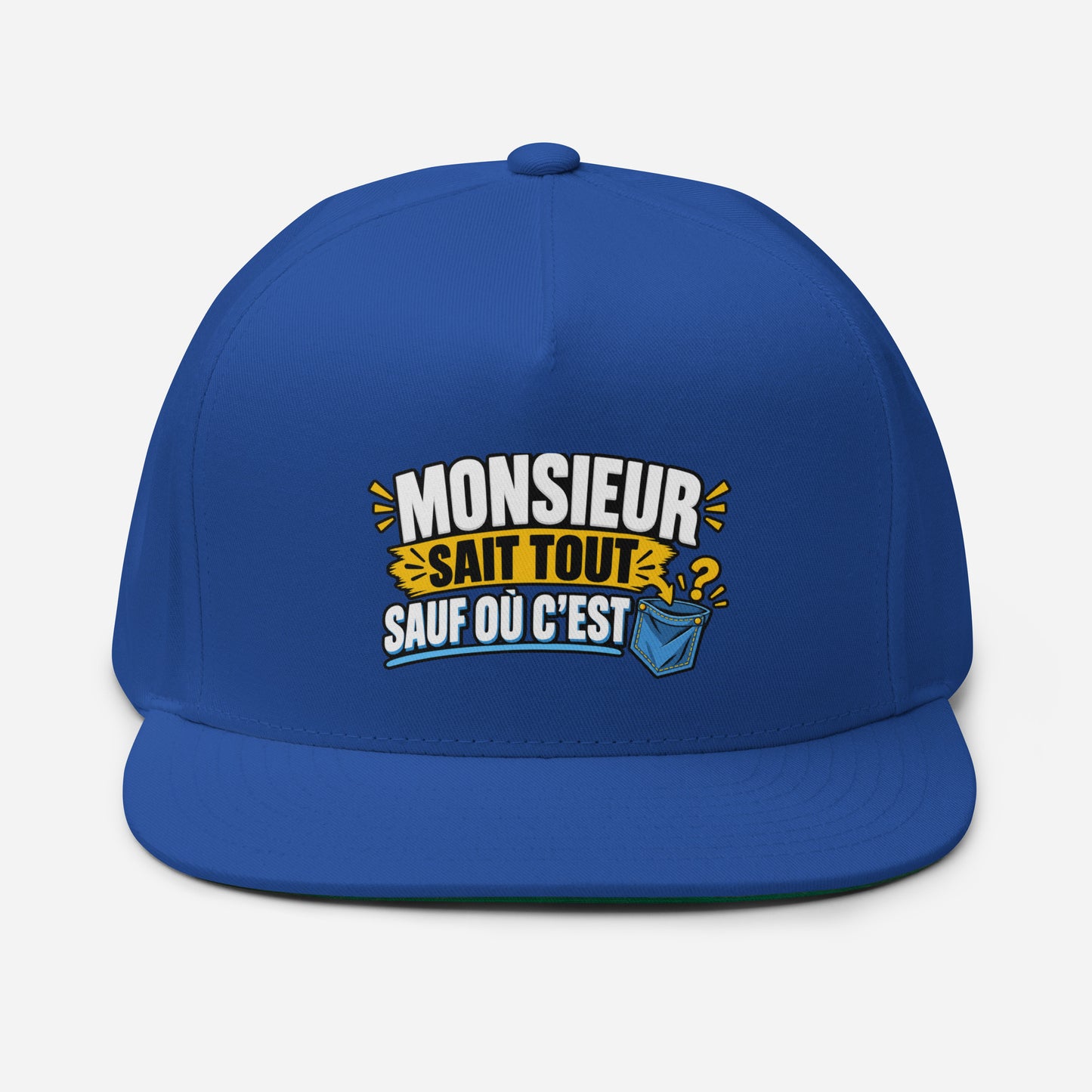 Casquette Snapback, brodée « Monsieur sait tout, sauf ou sait », en Bleu Roi, vue de face, image 14