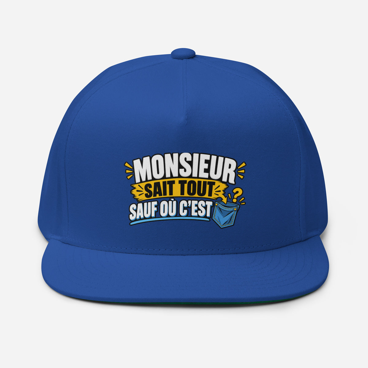 Casquette Snapback, brodée « Monsieur sait tout, sauf ou sait », en Bleu Roi, vue de face, image 14